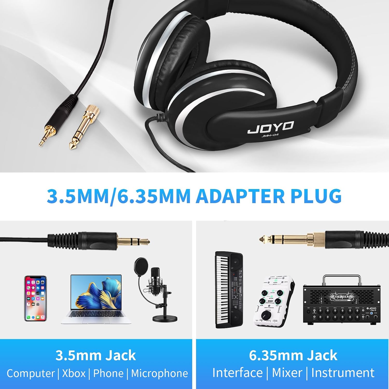 Detalle 2 de JOYO JMH-04 Over-Ear Studio Headphones, 40mm Driver, 3.5mm/6.35mm Jacks