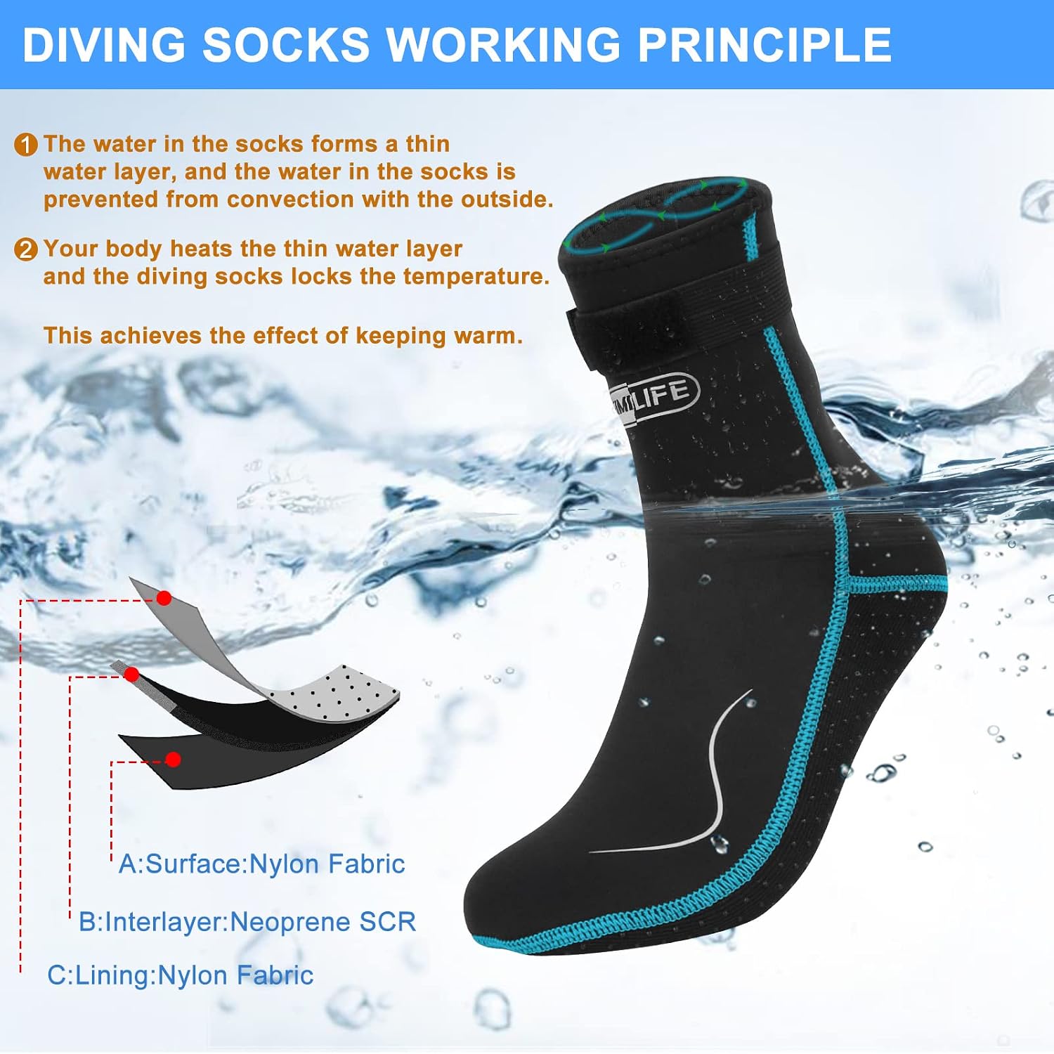 Detalle 2 de Gimilife Neopren-Socken (3 mm) – Wassersocken für Tauchen, Schnorcheln, Schwimmen & mehr