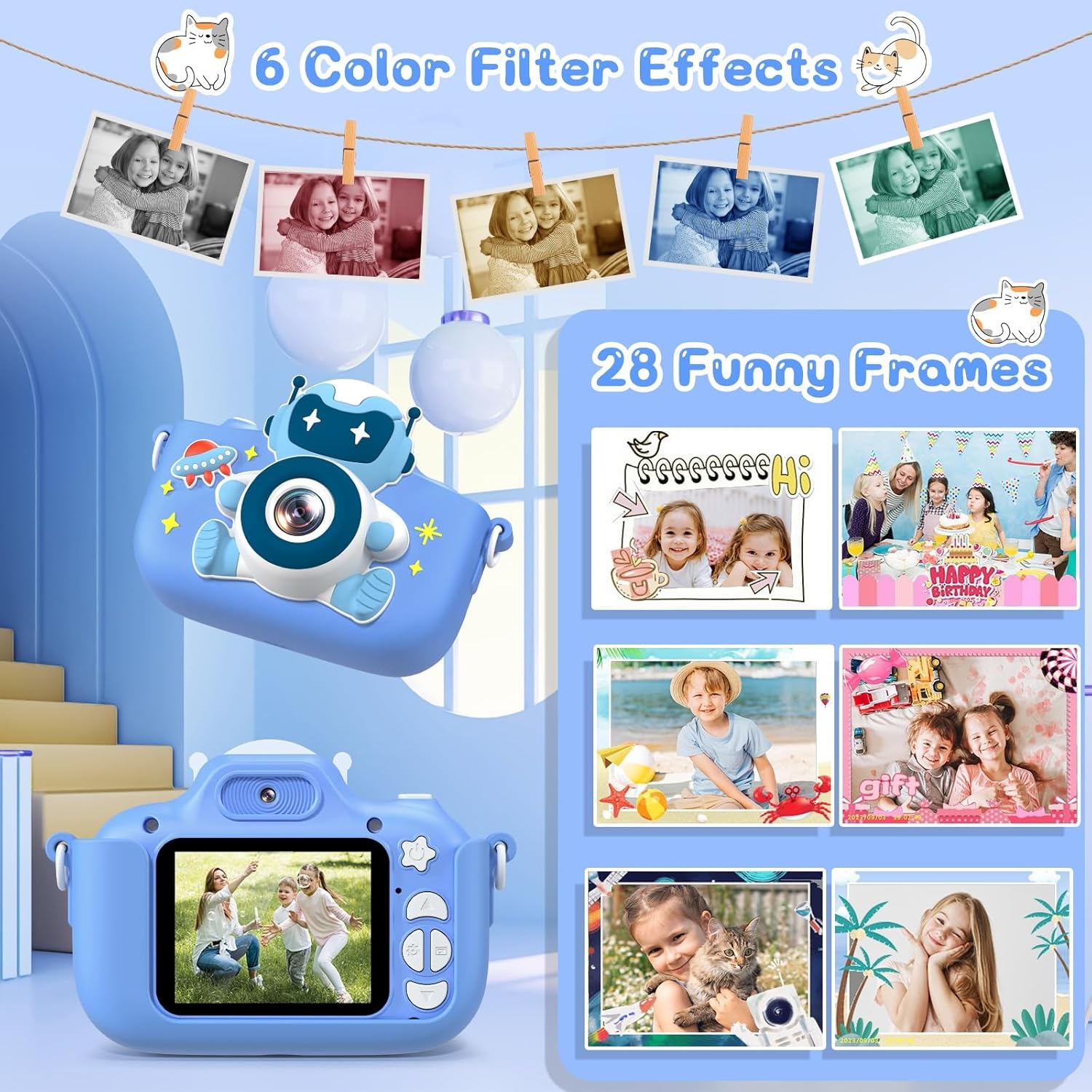 Thumbnail 5 de Gofunly Kinderkamera 1080P mit 2,0-Zoll-Display, Selfie & 32GB-Karte (für 3–12 Jahre) – Blau