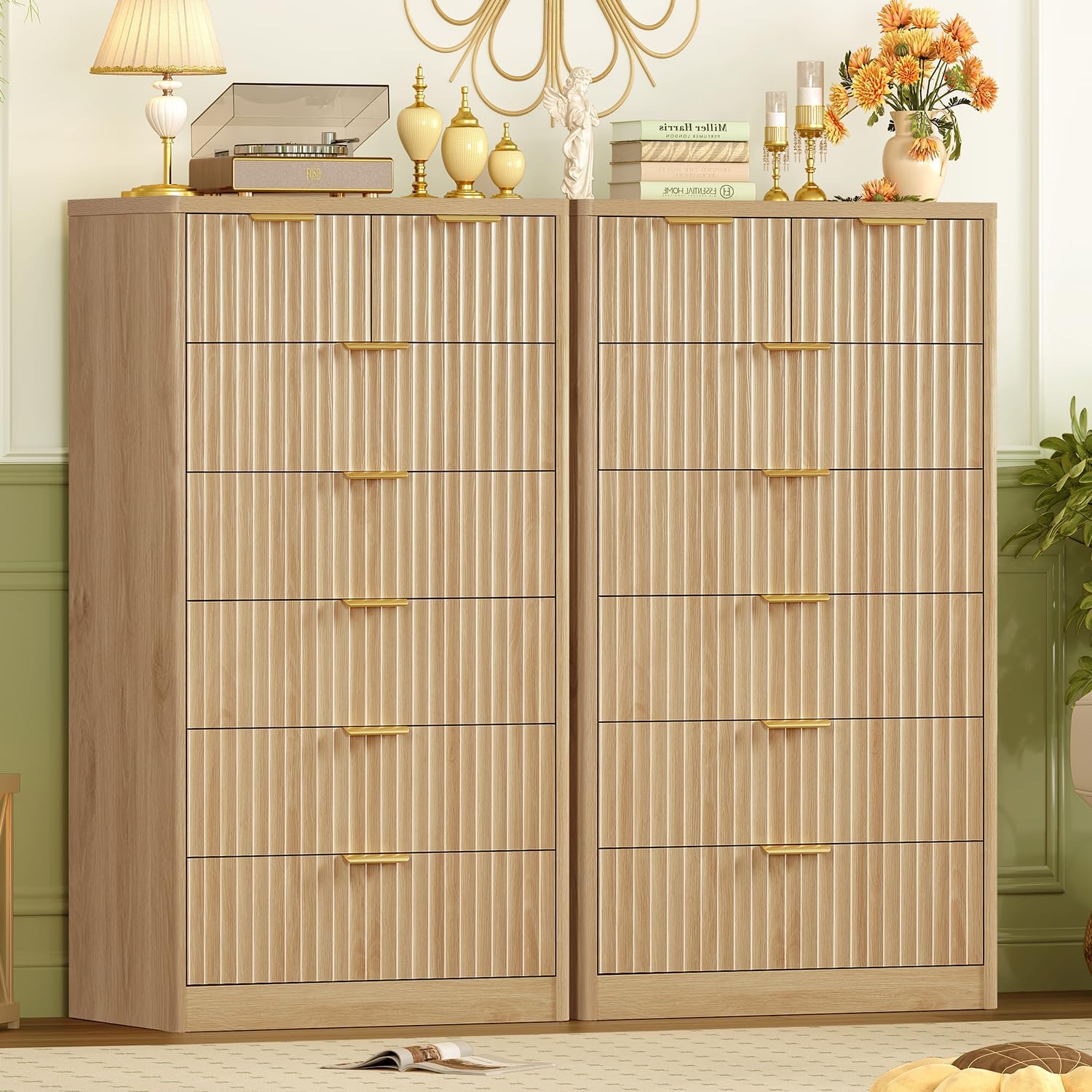 Detalle 2 de TEENFON dresser 7-Drawer Fluted Chest, 48.4-Inch Tall Natural Storage