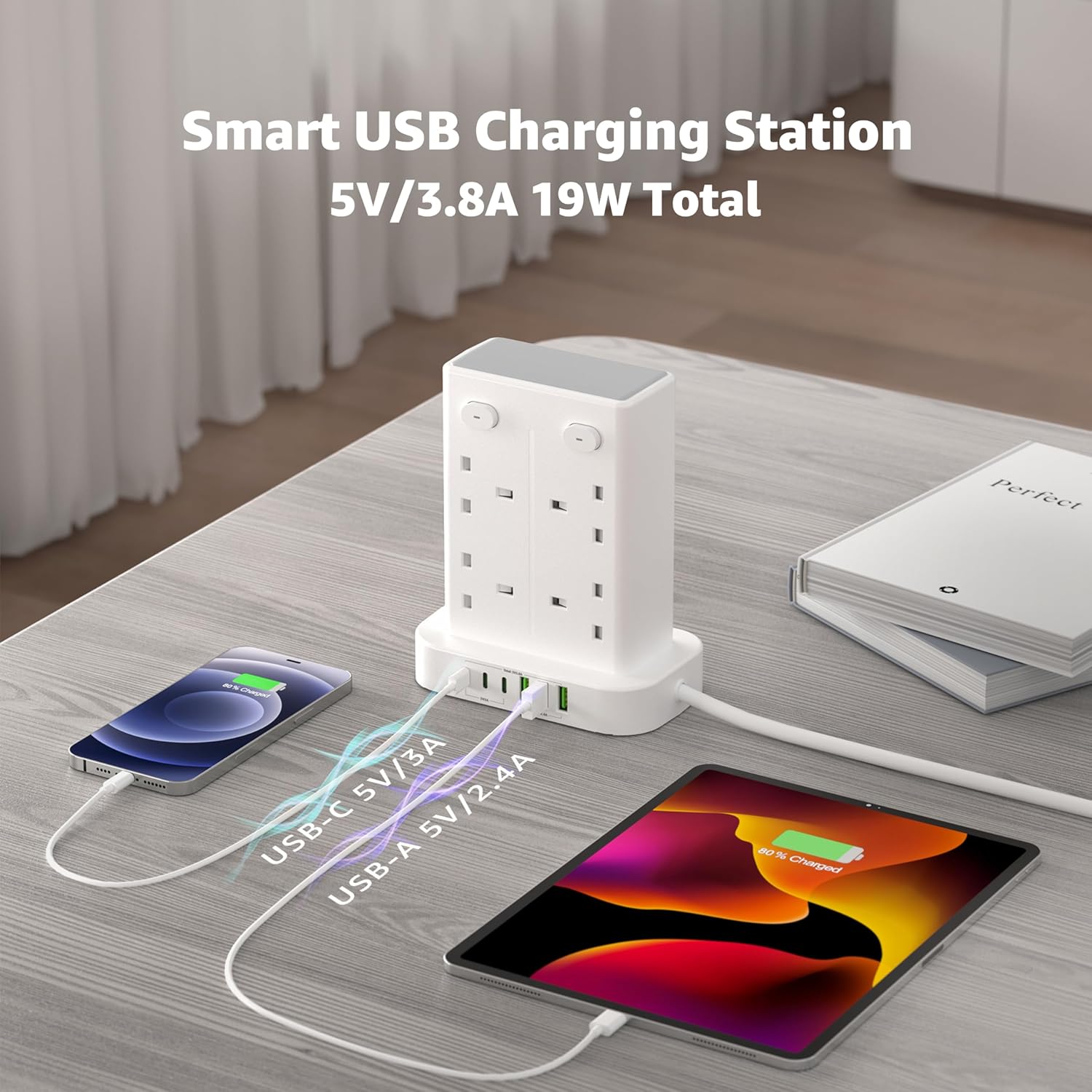 Thumbnail 2 de Tower Extension Lead with USB Slots - 8 Way Sockets, 13A, 3 USB A, 3 USB C, 1.8m Cable
