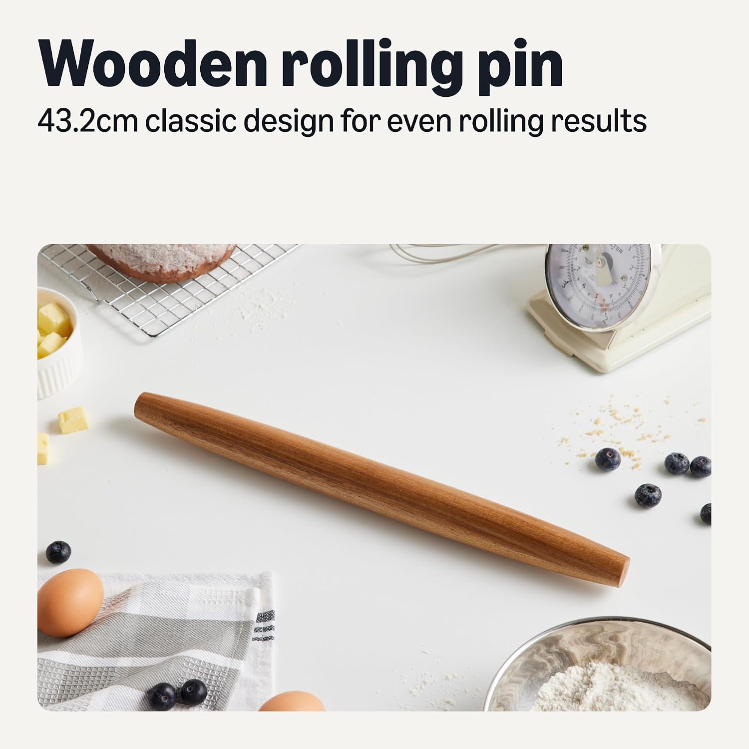 Detalle de Amazon Basics Wooden French Rolling Pin, 43.2 cm, Acacia Wood, Nonstick