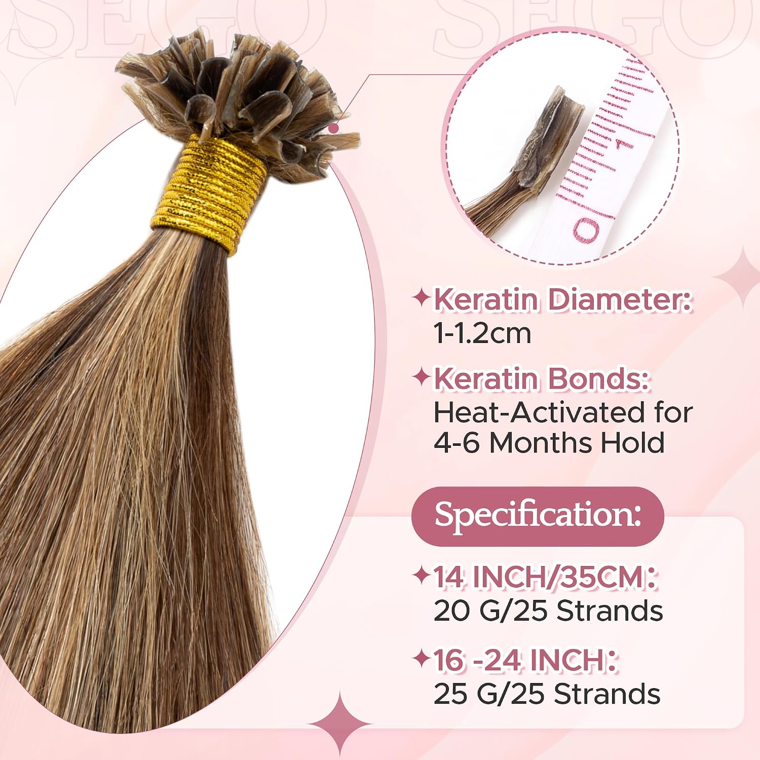 Detalle de SEGO Extension Capelli Veri Cheratina 40 cm | 25 Ciocche Remy U-Tip 4/27 Marrone Medio mix Biondo Scuro