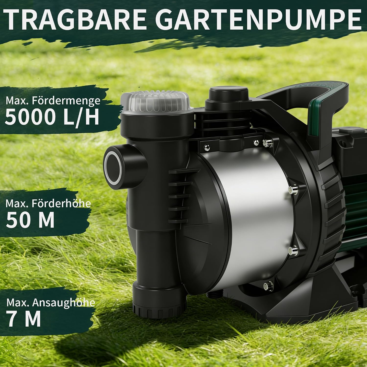 Thumbnail 1 de LANCHEZ Gartenpumpe 5000 l/h – 1300 W, Förderhöhe 50 m, inkl. Filter, Wasseranschluss und Ablass