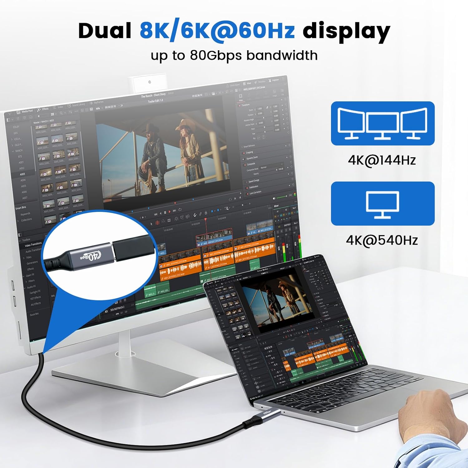 Detalle de Puiseno USB-C Verlängerung 1m: Thunderbolt 4, 40 Gbit/s, 8K@60Hz, PD3.1 bis 240W