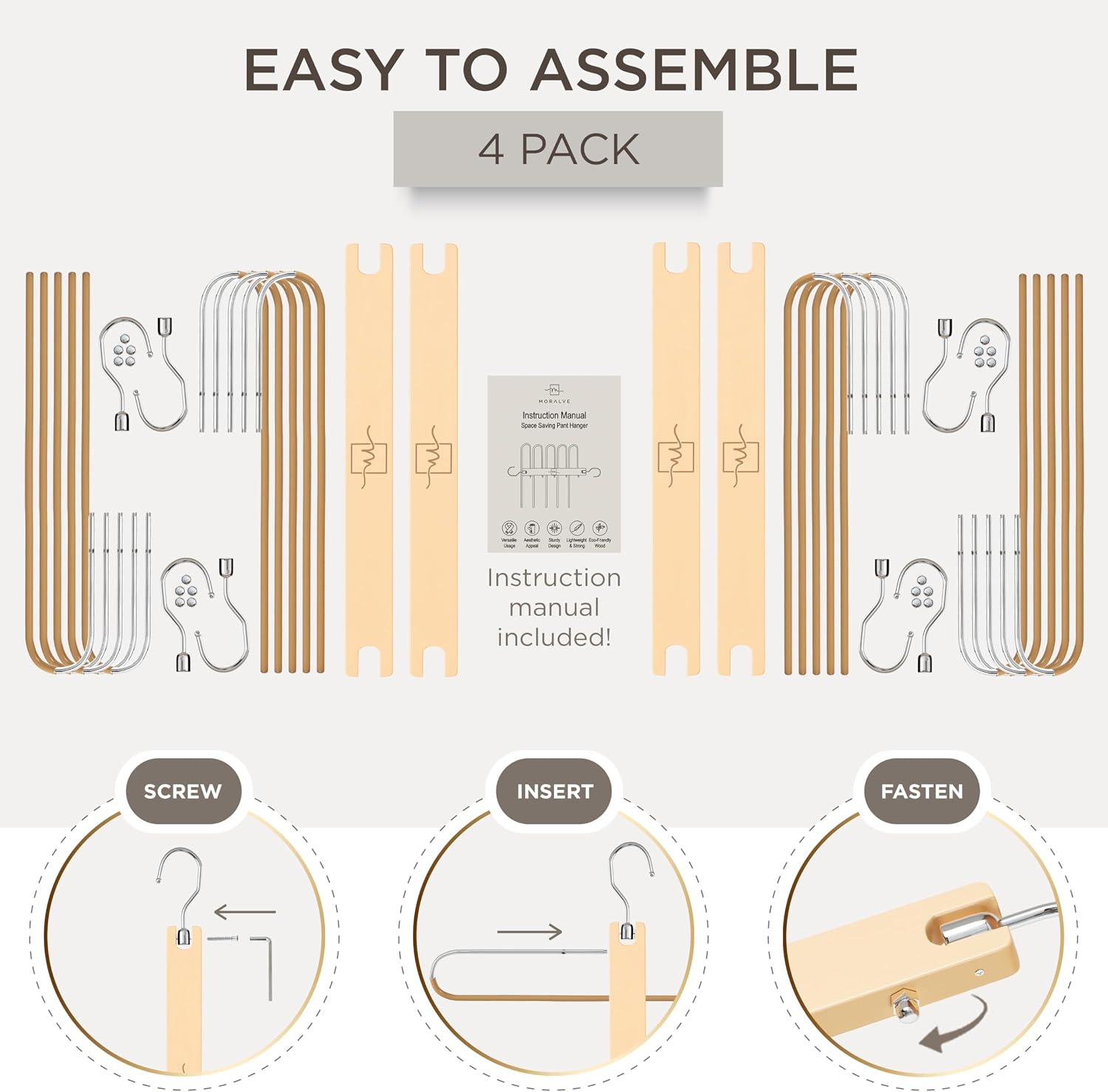 Thumbnail 6 de MORALVE Beechwood Pants Hangers, 4-Pack with 5-Tier Space-Saving Design
