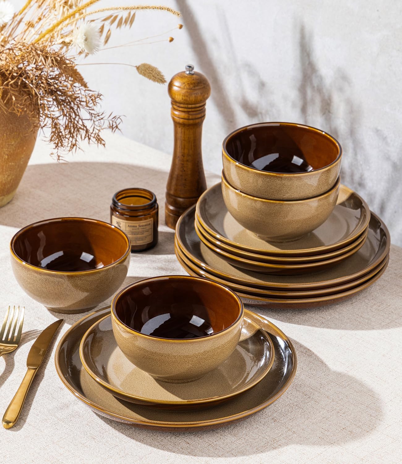 Thumbnail 6 de LERATIO 12-Piece Ceramic Dinnerware Set for 4 – Chestnut