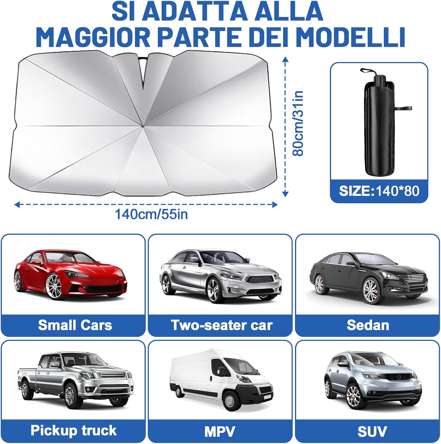 Thumbnail 5 de Beurseaf Parasole Auto Parabrezza pieghevole tipo ombrello, universale (140 x 80 cm), blocco UV fino al 98,7%
