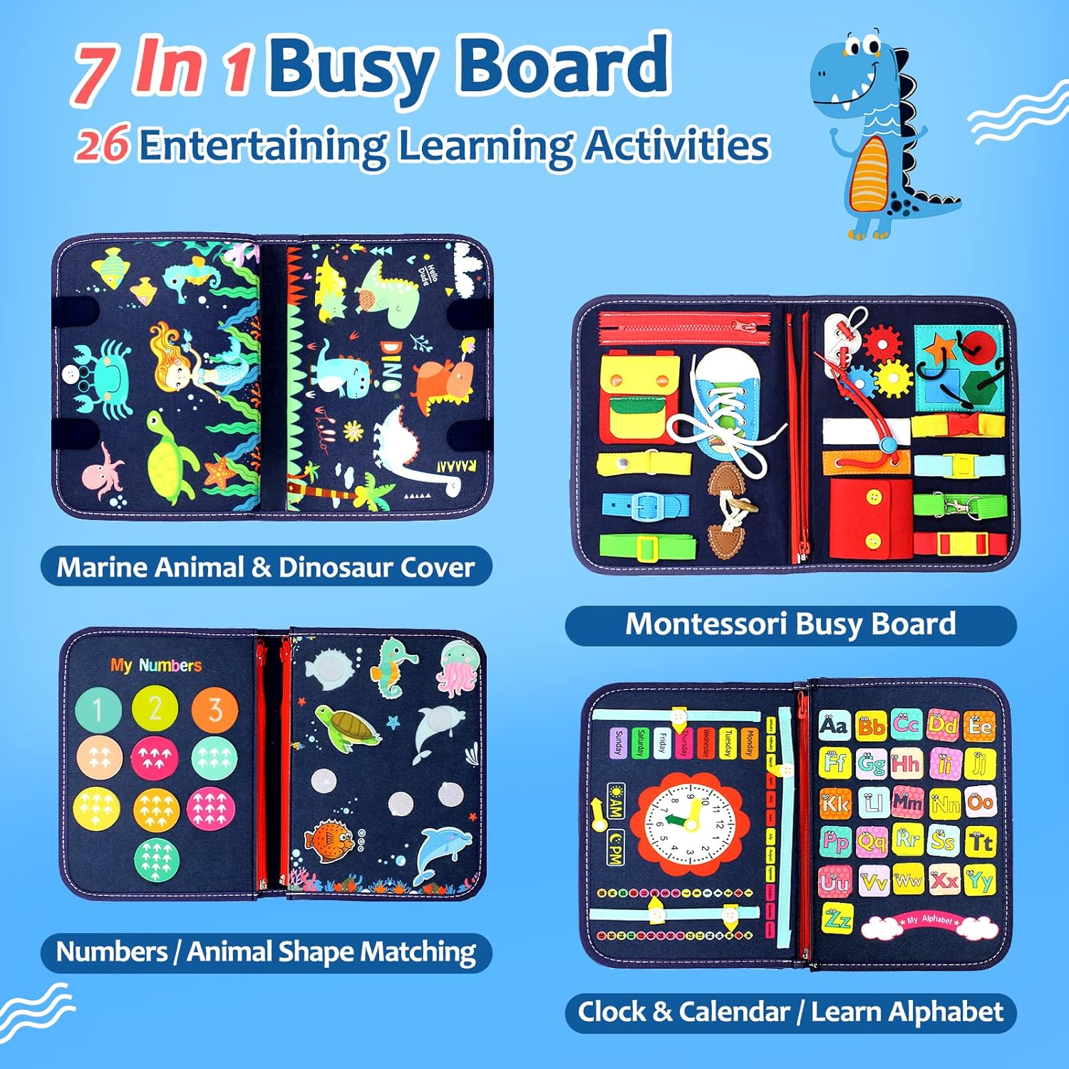 Thumbnail 2 de Qizfun Montessori Busy Board & Busy Book for Toddlers (Blue/P4) – Screen-Free Travel Sensory Learning Toy