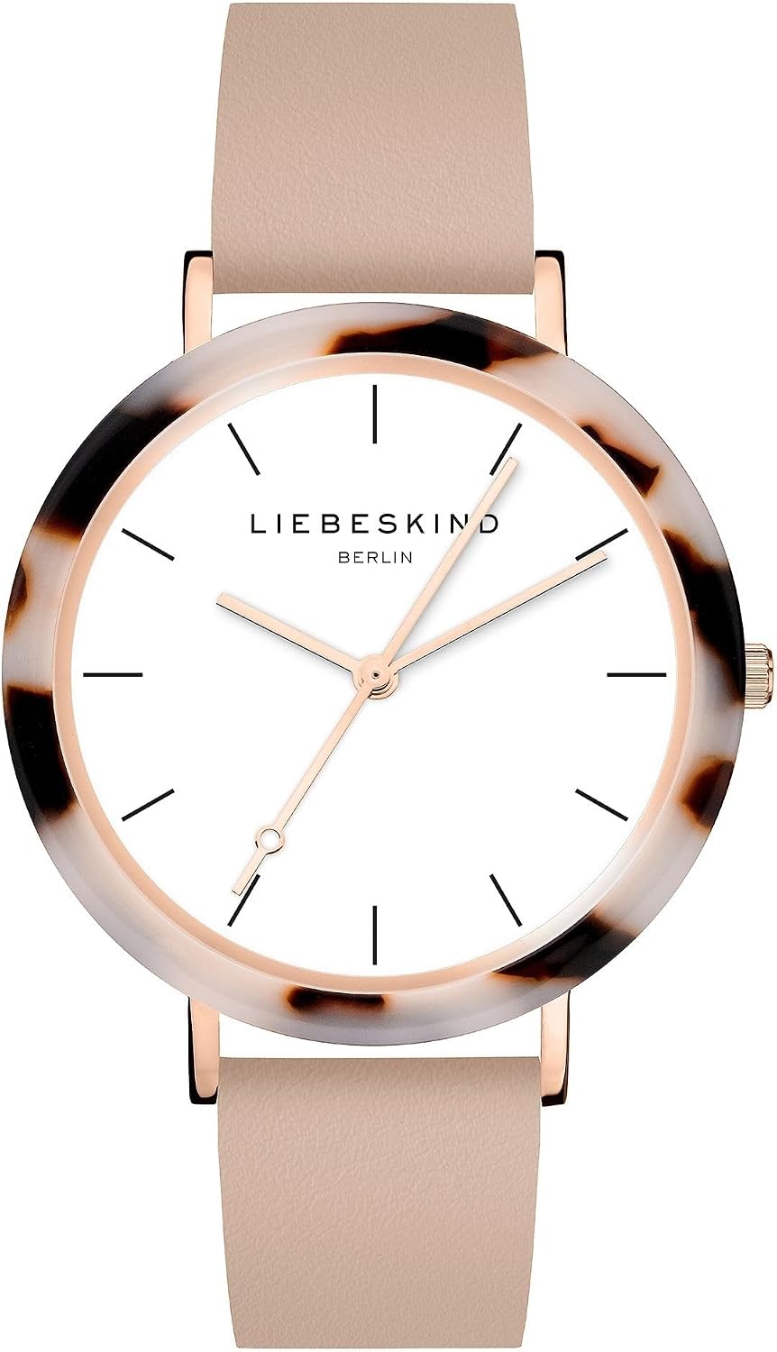 Detalle de LIEBESKIND BERLIN Damen Armbanduhr – Rundes Gehäuse mit gemustertem Acetat-Topring, Lederarmband, Roségold