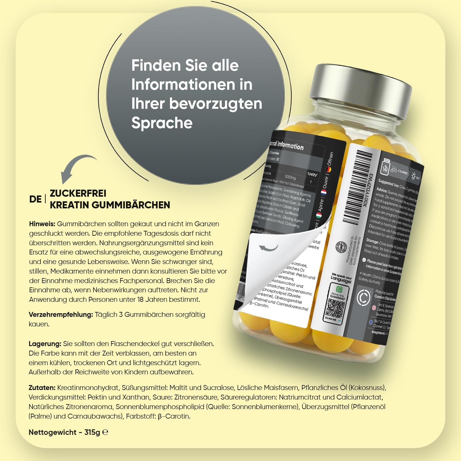 Detalle 2 de WeightWorld Creatin Monohydrat Gummibärchen (5.000 mg pro Portion) – zuckerfreie vegane Kreatin-Gummis mit Zitronengeschmack