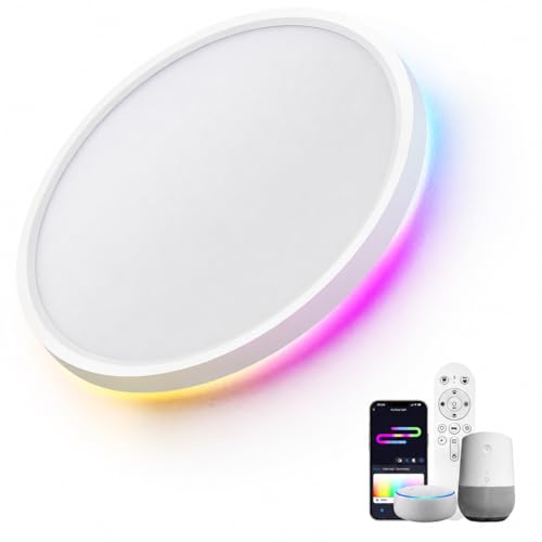 Detalle de LuminexDesigns Plafón LED Inteligente 24W regulable con mando y WiFi: luz RGB ultrafina para salón y dormitorio