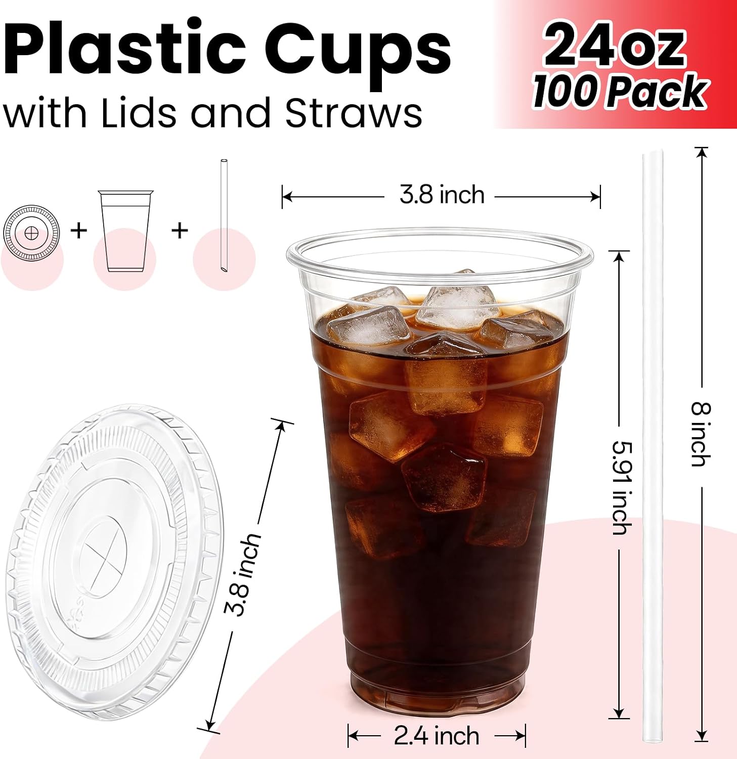 Detalle 2 de 24 oz Clear Plastic Cups with Lids and Straws