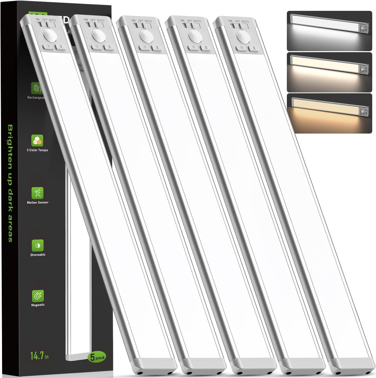 Detalle de MCGOR GLS-C010 Under-Cabinet Lights, 5-Pack, Motion Sensor, Rechargeable