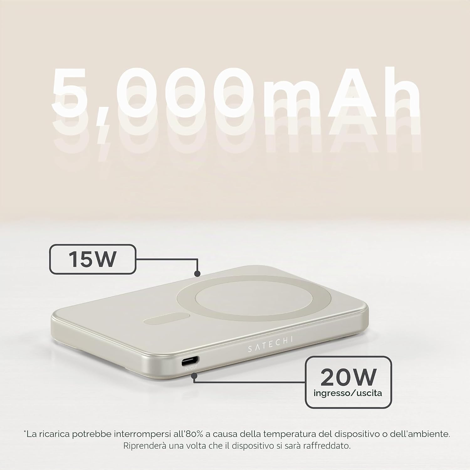Detalle de SATECHI OntheGo Power Bank MagSafe 5000mAh – Batteria Esterna Qi2 con Supporto Integrato, Ricarica 15W (Beige)