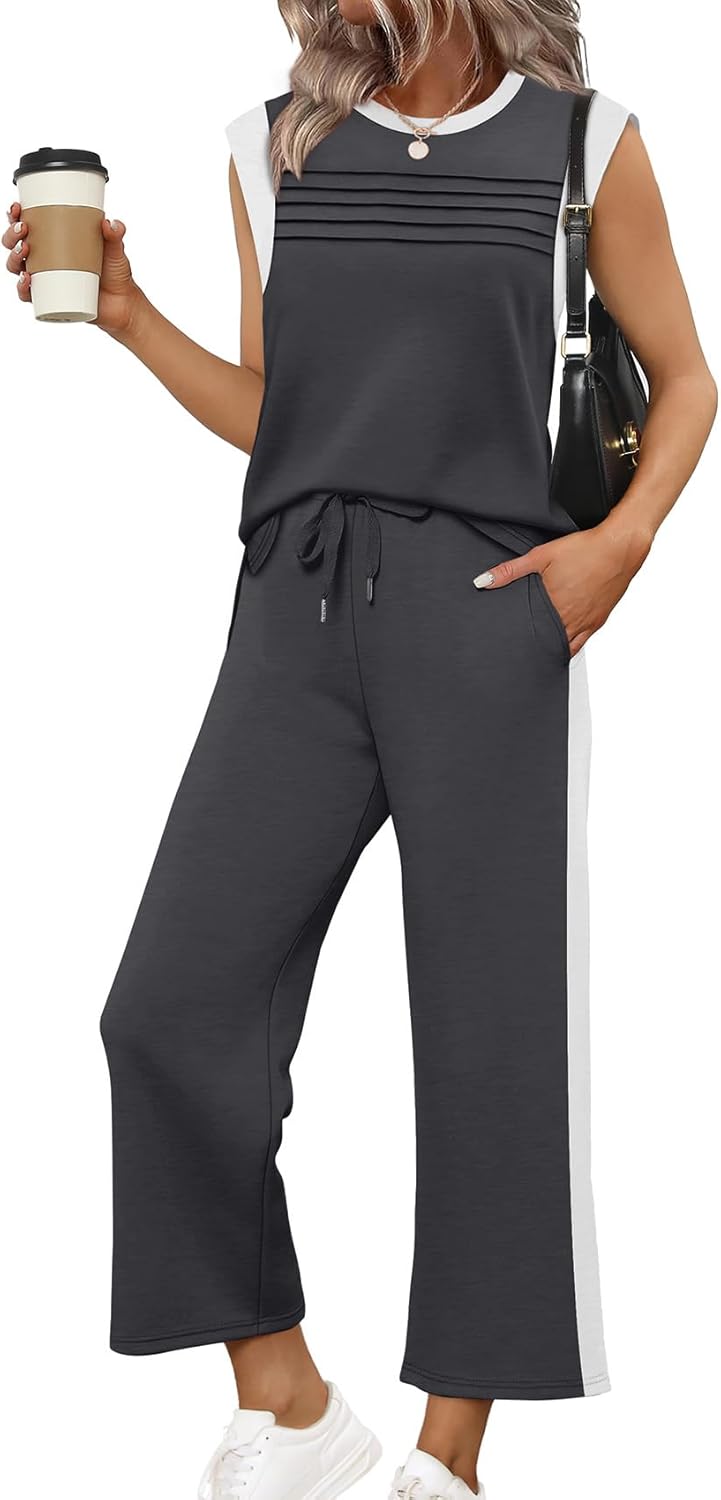 Thumbnail 6 de WIHOLL Two-Piece Set for Women: Summer/Spring Lounge Outfit with Cap Sleeve Top & Wide-Leg Cropped Pants