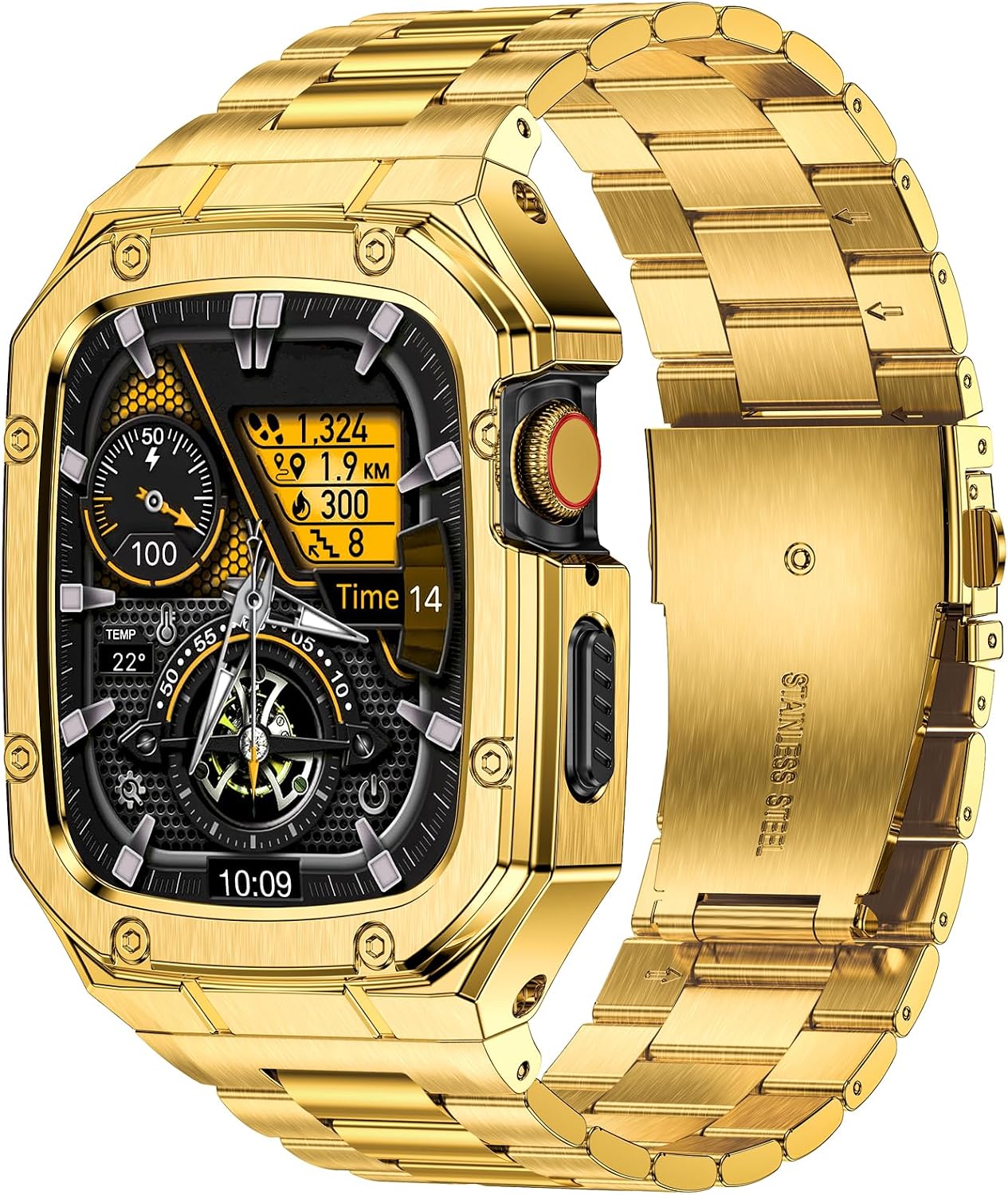 Thumbnail 6 de BAITEYOU Stainless Steel Watch Band with Case for Apple Watch Ultra 1/2/3 (49mm) – Rugged Metal Bumper Strap (Gold)