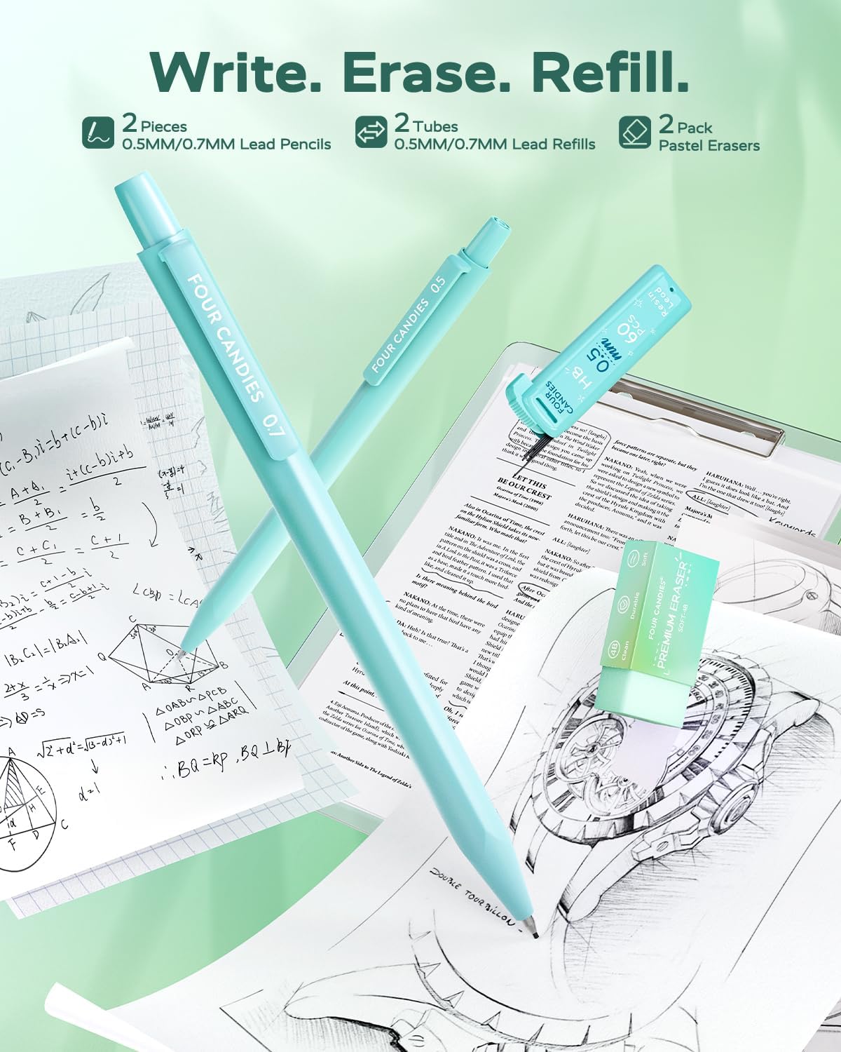 Thumbnail 1 de Four Candies Green School Supplies Set with Organizer, Pens and Study Notes