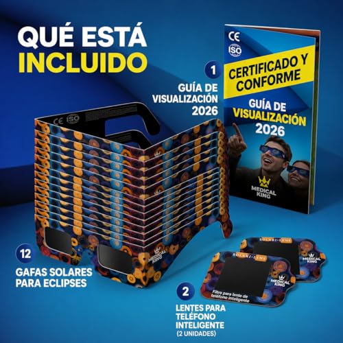 Detalle de Medical king: 12 Gafas Eclipse Solar homologadas ISO 12312-2 – Pack de 12 con 2 filtros para smartphone y guía de observación (Eclipse 2026)