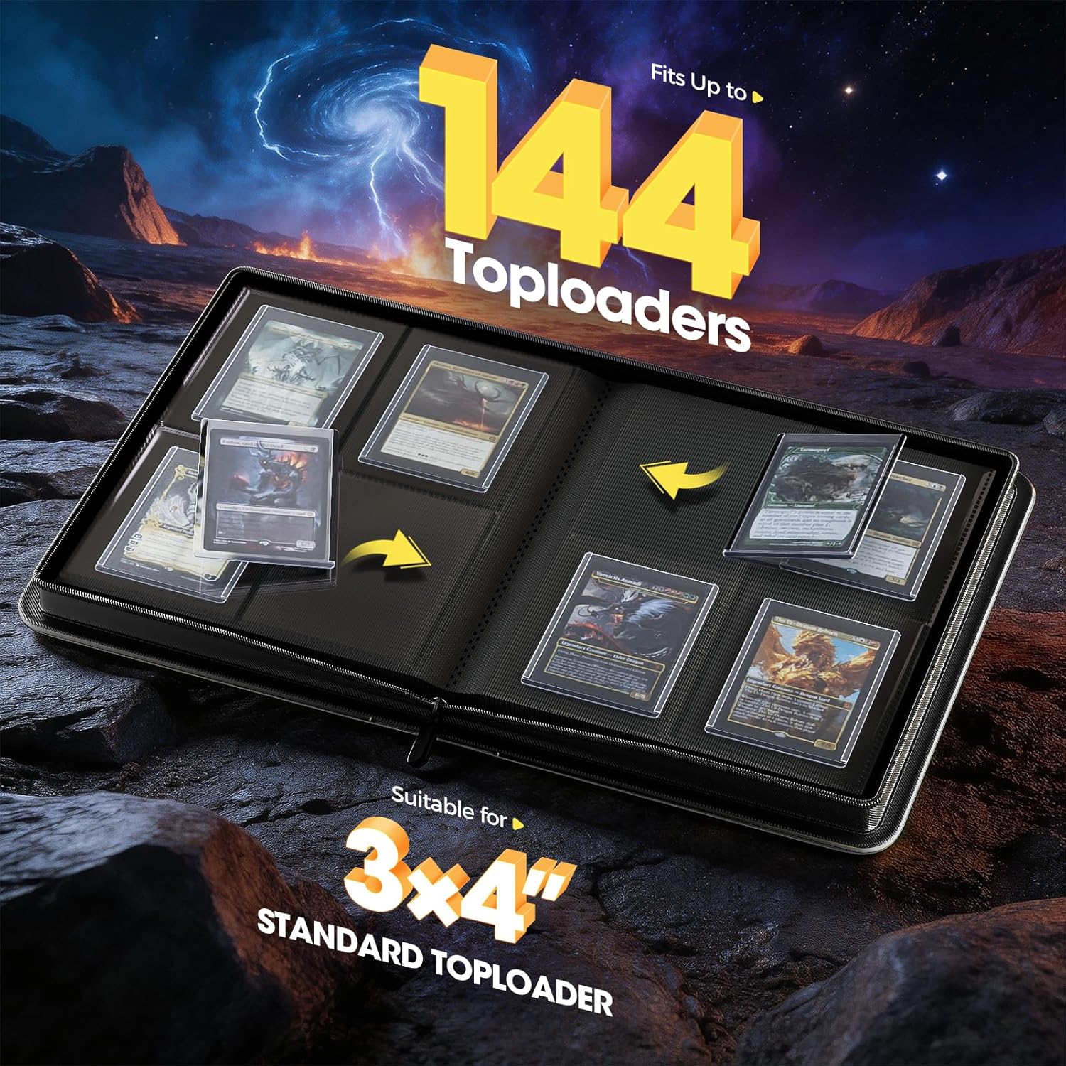 Detalle de ProCase Sammelkarten Album mit Fenster für 144 Toploader – 4 Taschen Binder mit Trageriemen, Schwarz