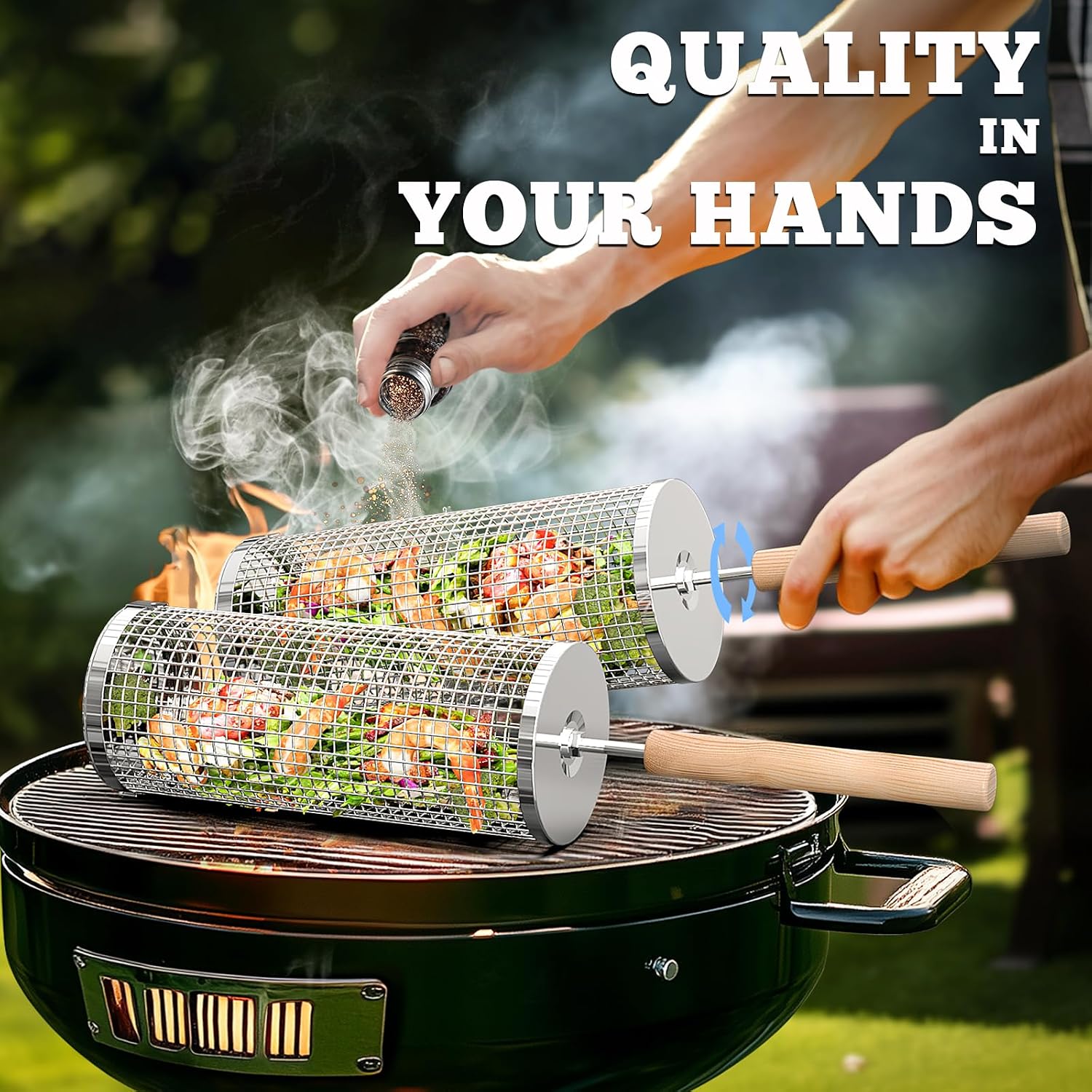 Thumbnail 2 de ivtivfu BBQ Rolling Grill Basket Set with Removable Wooden Handles