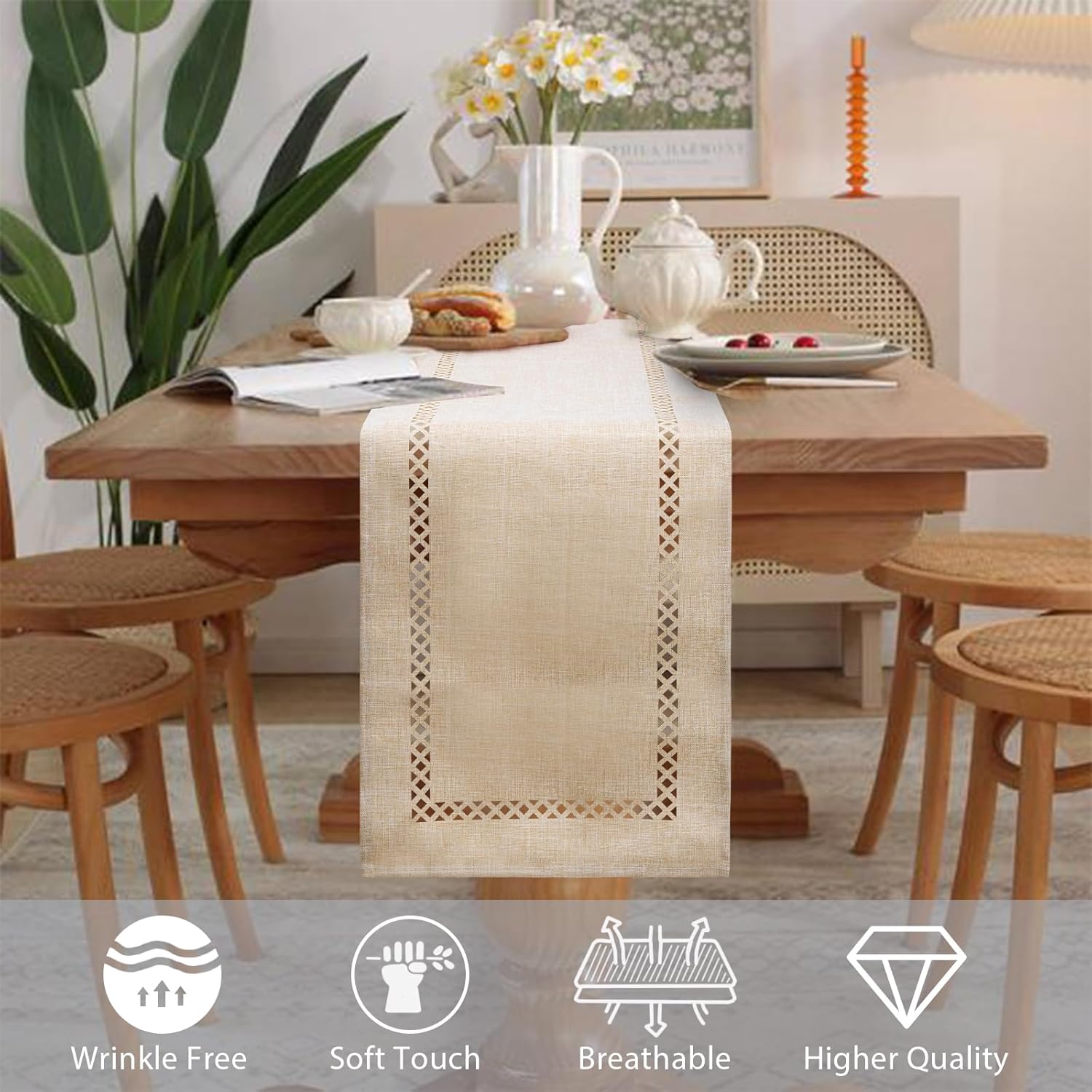 Detalle 2 de BAZIOE Modern Table Runner Beige Linen Blend with Openwork Laser-Cut Pattern