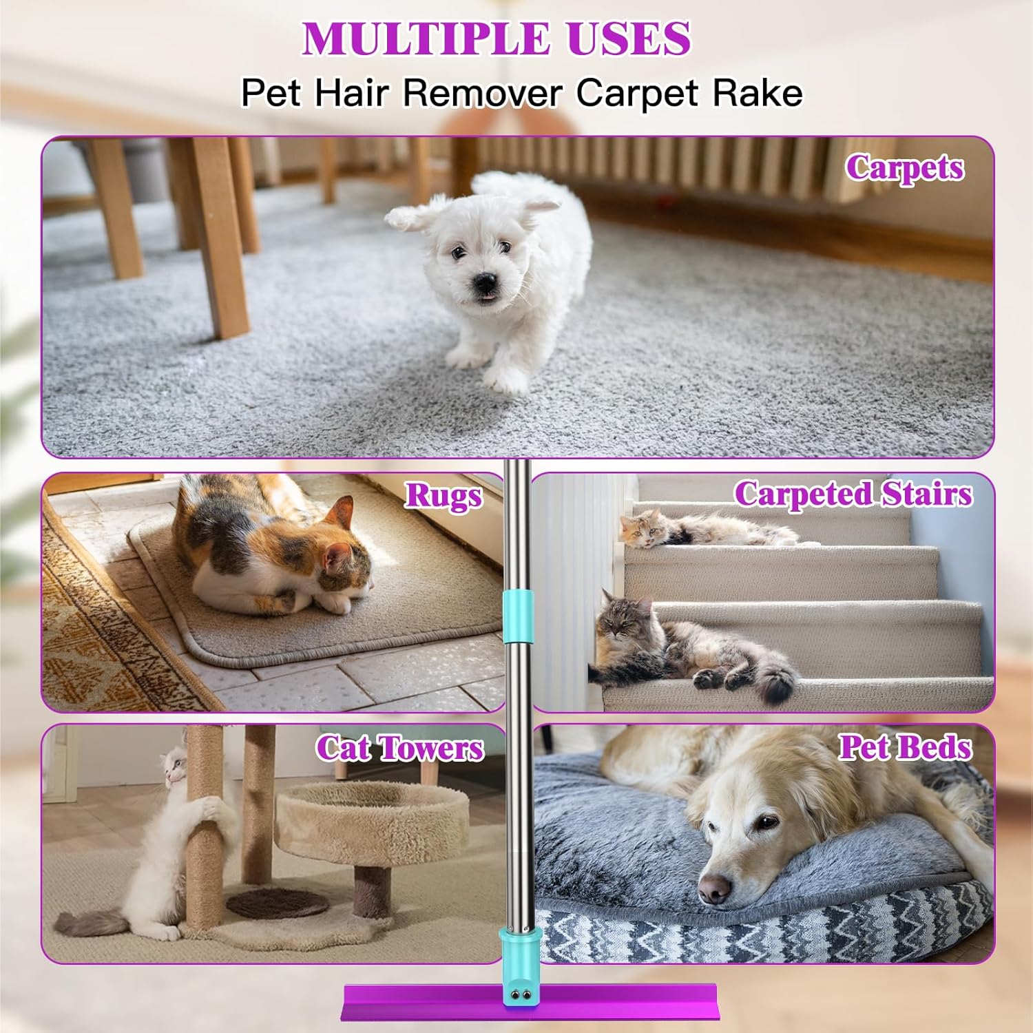 Thumbnail 6 de Double-Sided Carpet Rake with 57" Long Handle for Dog Hair Removal