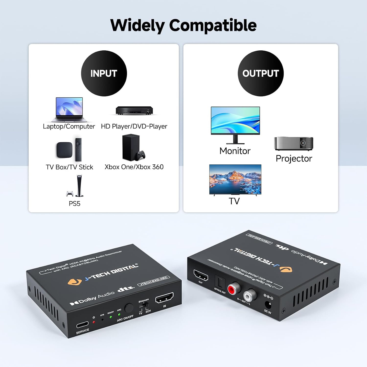 Detalle de J-Tech Digital HDMI Audio Extractor 4K 60Hz with ARC: HDMI to Optical & RCA Converter (JTECH-EXD-ARC)