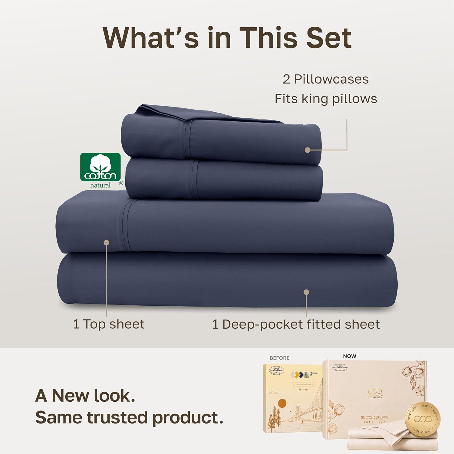 Detalle de California Design Den 840307105981 King Cotton Sateen Sheets, 400 Thread Count