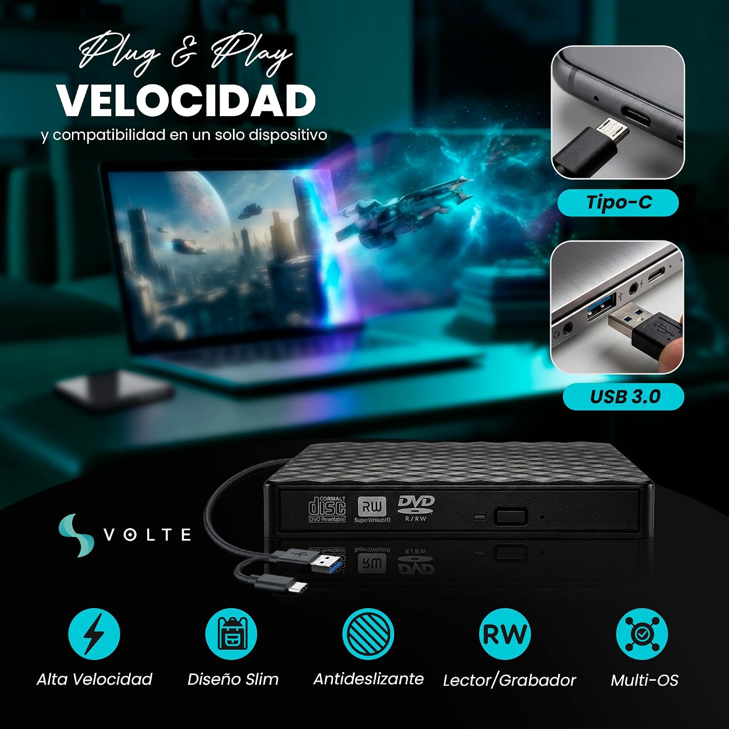 Thumbnail 1 de VOLTE Lector CD/DVD Externo USB 3.0 para PC y portátil