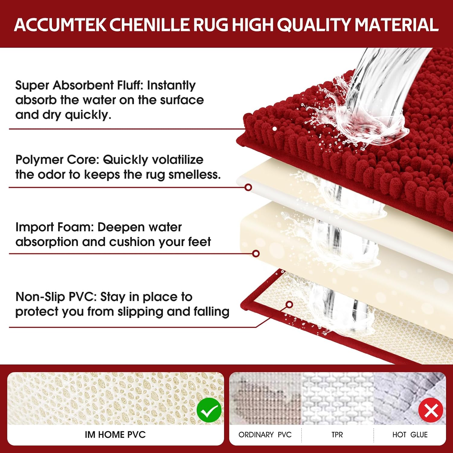 Thumbnail 5 de ACCUMTEK Upgrade Extra Large Red Bath Rug Set 3-piece