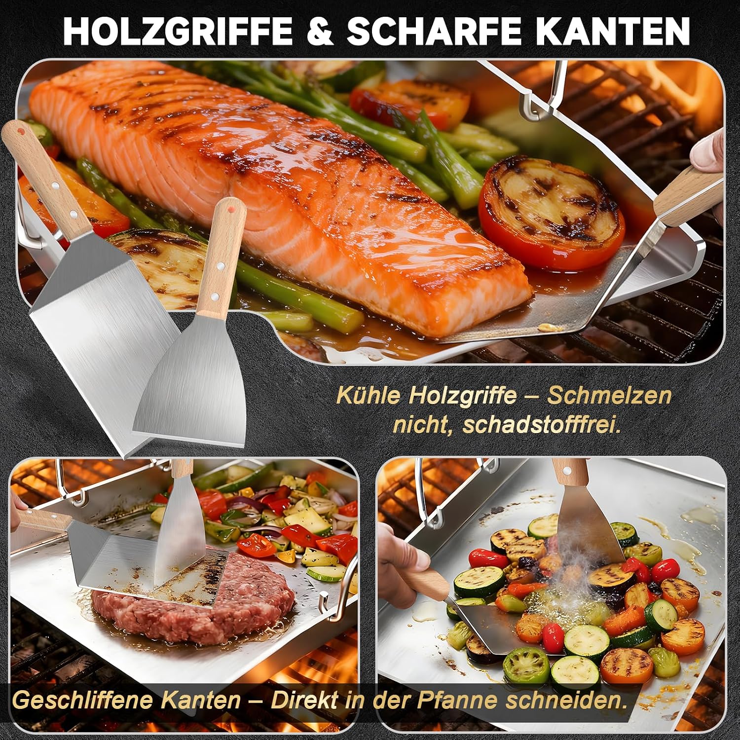 Detalle de Camxon Universelle Edelstahl Plancha Grillplatte 40.5×31 cm – 5 mm, Fettablauf, spülmaschinenfest inkl. Spachteln