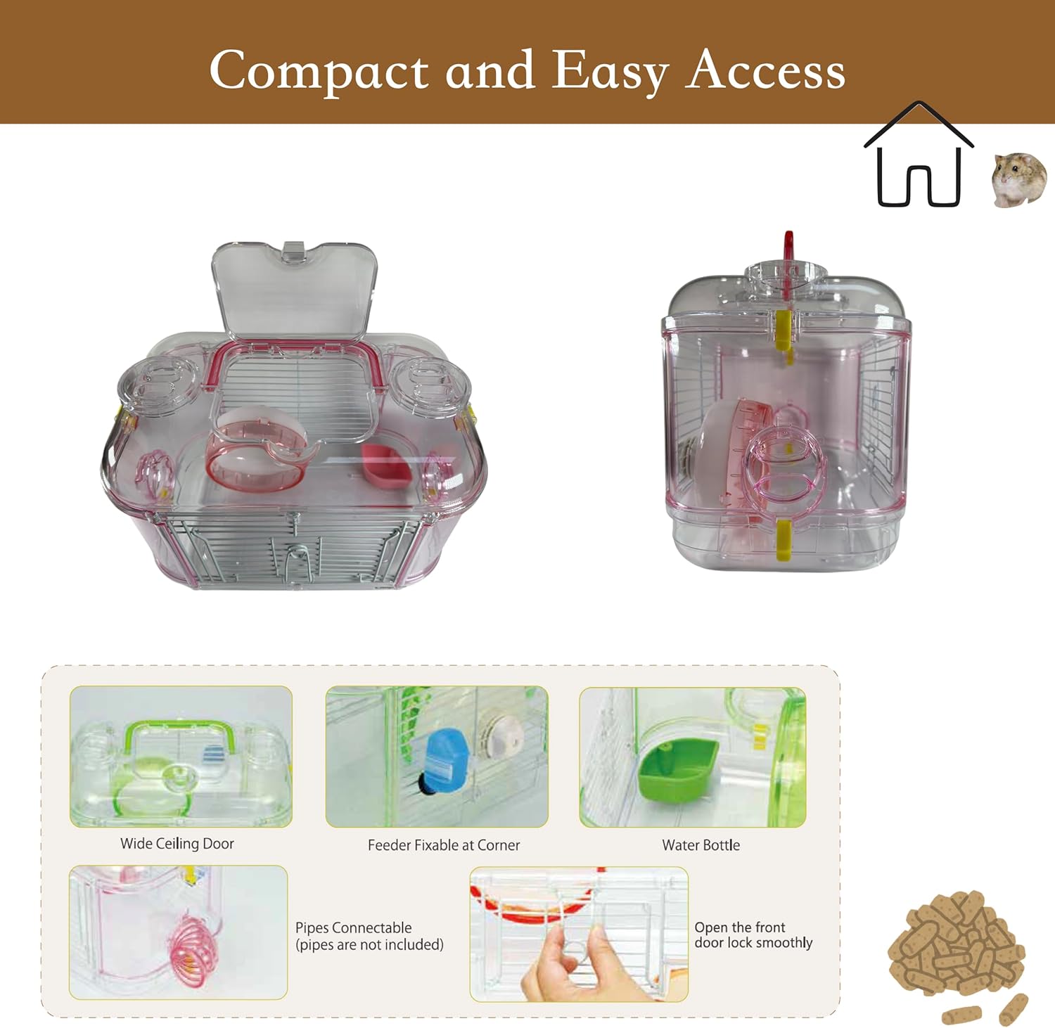 Detalle de LillipHut Hamster Cage – Portable Small Animal Habitat (Pink, Mini)
