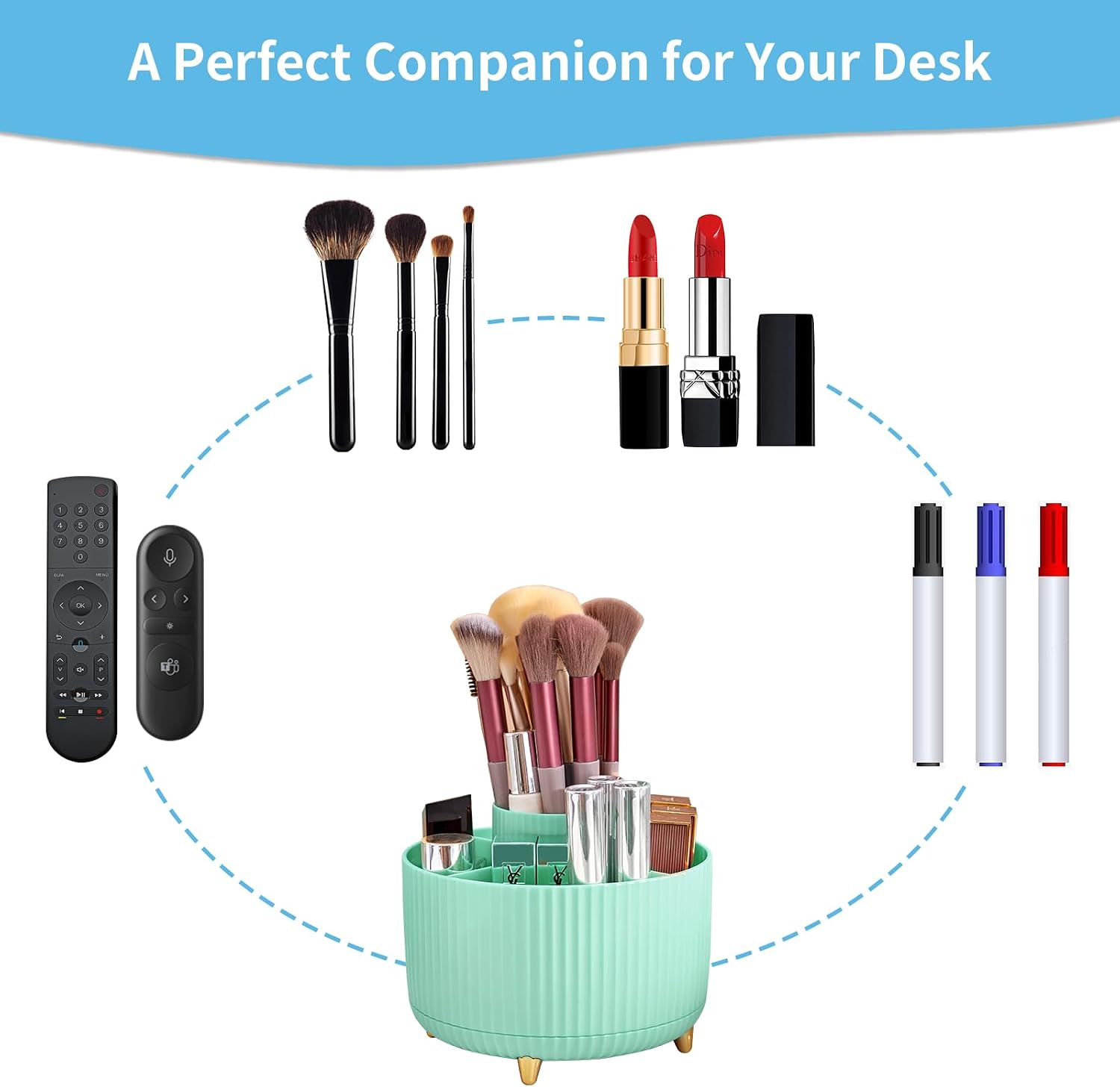 Detalle 2 de Marbrasse Desk Organiser: 360-Degree Rotating Pen Holder with 5 Compartments in Mint Green