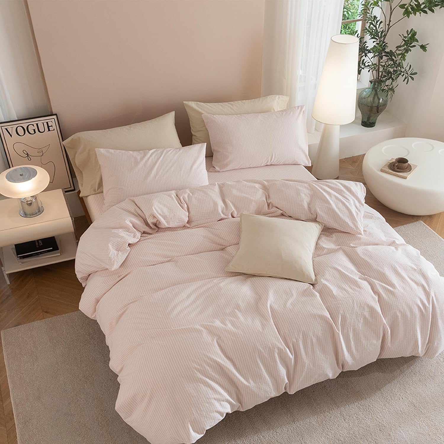 Thumbnail 3 de JIYUAN Twin Washed Cotton Duvet Cover Set with Linen-Like Pinstripes (2-Piece) — Includes Pillowcase, Hidden Zipper & 8 Corner Ties