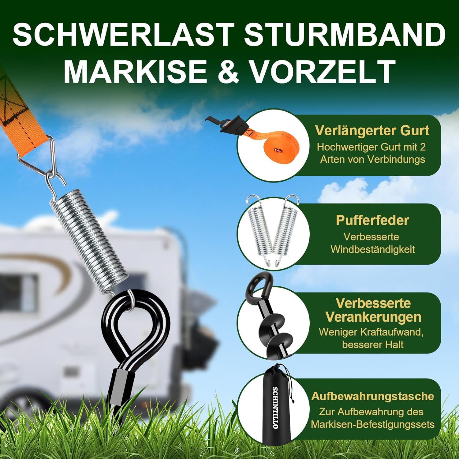 Thumbnail 3 de SCHINTILLO Verbessert Sturmband & Spiralförmige Bodenanker für Markise/Vorzelt (37 cm, 120 km/h)