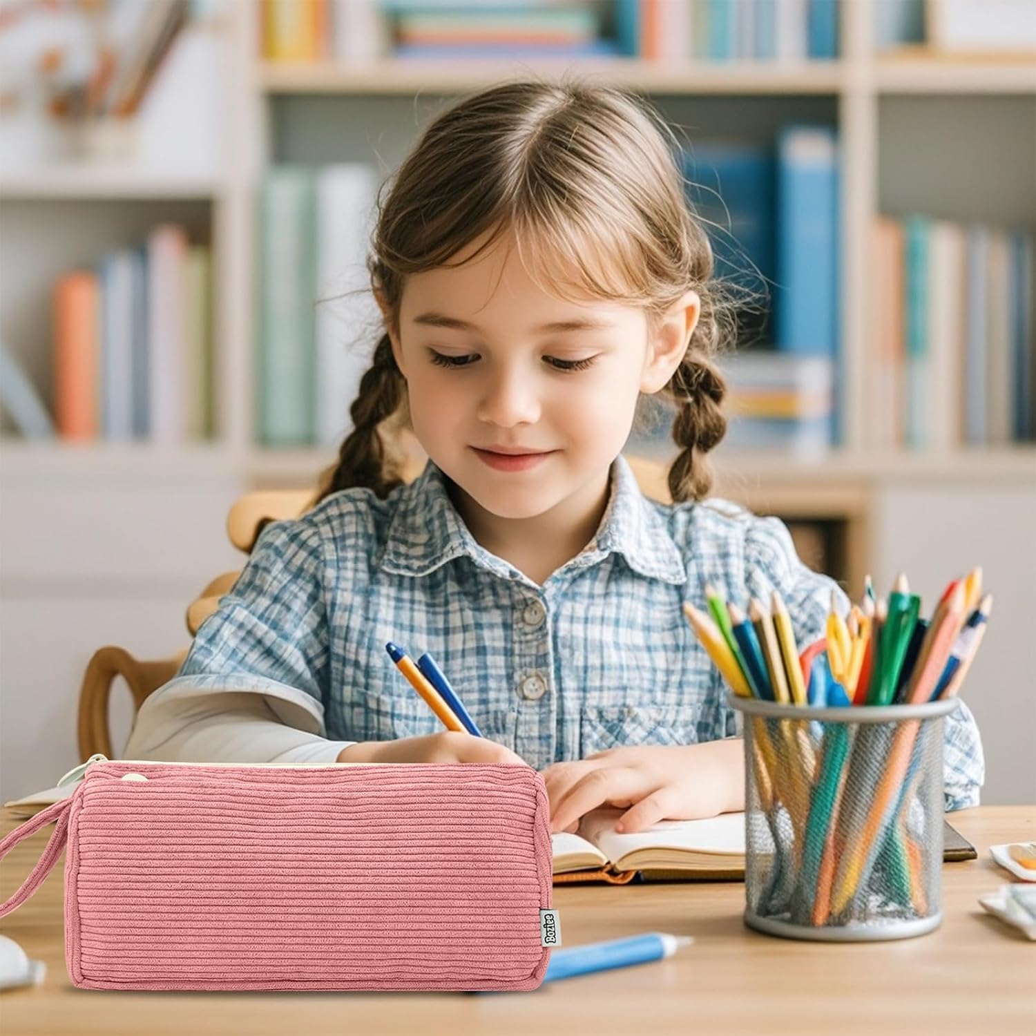 Detalle de Boziee Cord-Stoff Federmäppchen (Mäppchen für Schule & Büro) – Rosa