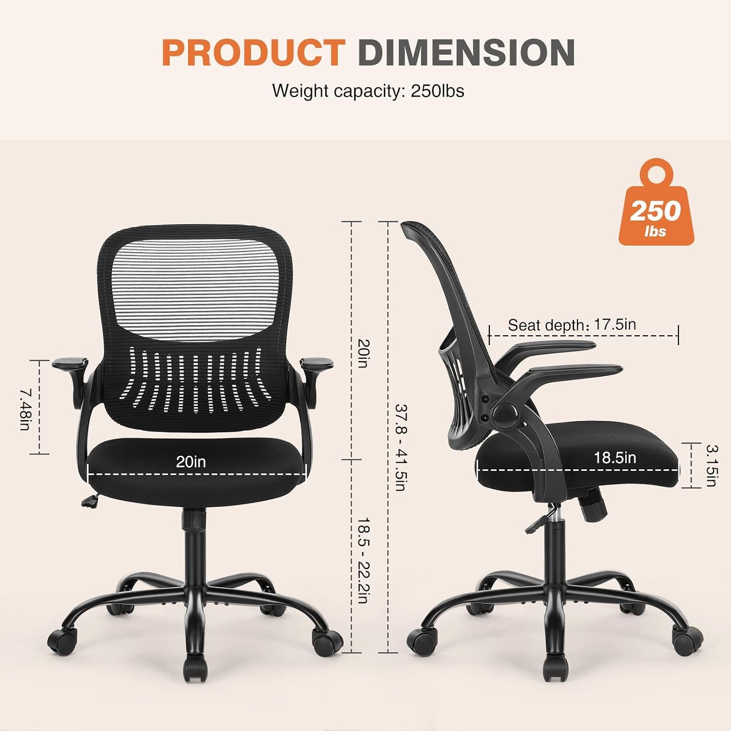Detalle de Sweetcrispy C-3718-1B-BK Mid-Back Mesh Office Chair with Flip-Up Arms
