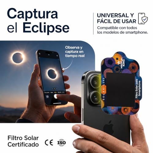 Detalle de Medical king: 12 Gafas Eclipse Solar homologadas ISO 12312-2 – Pack de 12 con 2 filtros para smartphone y guía de observación (Eclipse 2026)