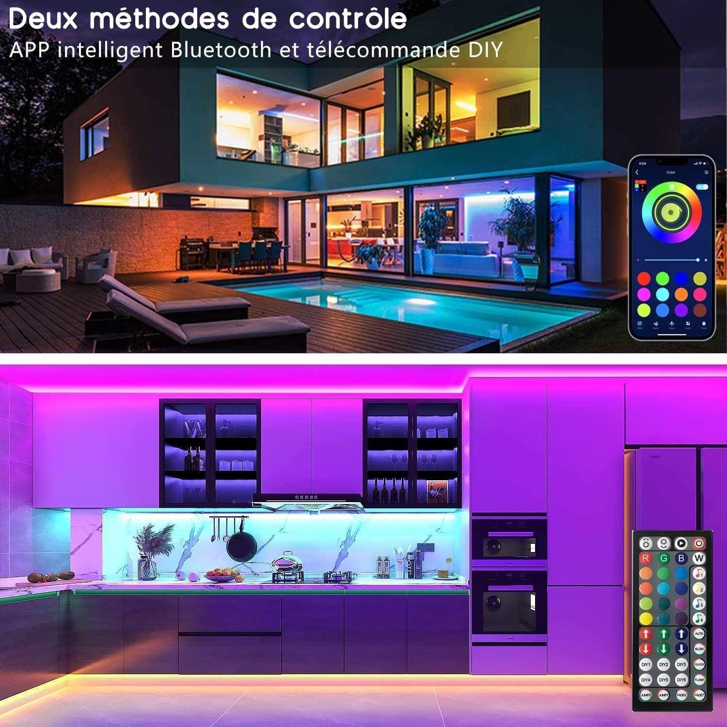 Detalle de Keepsmile Ruban Led 30m (15m x 2) – Bande LED Bluetooth avec Télécommande IR 44 touches et APP, décoration lumineuse pour chambre et bureau