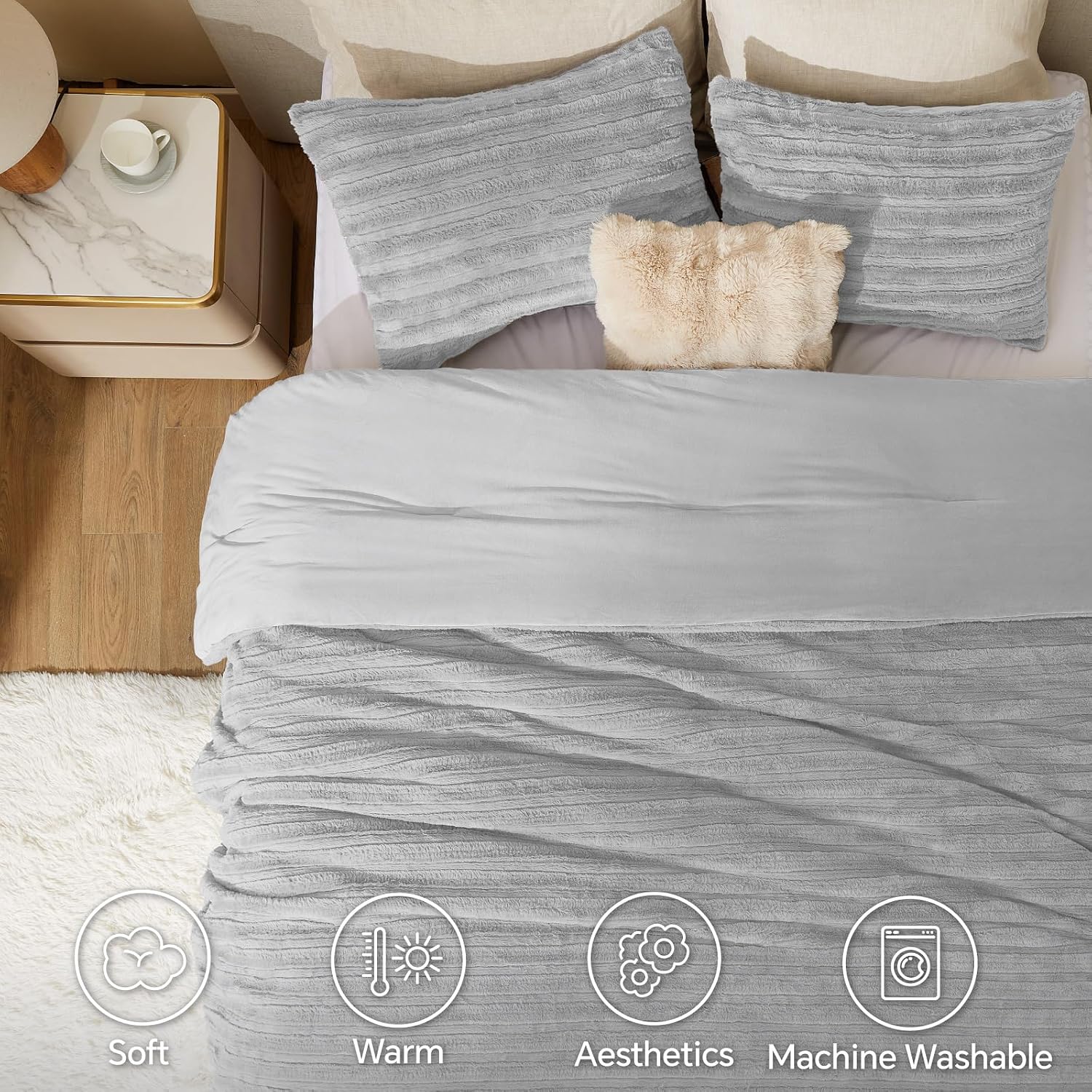 Detalle 1 de BEDELITE Faux Fur King Comforter Set, Light Gray Striped Plush Design
