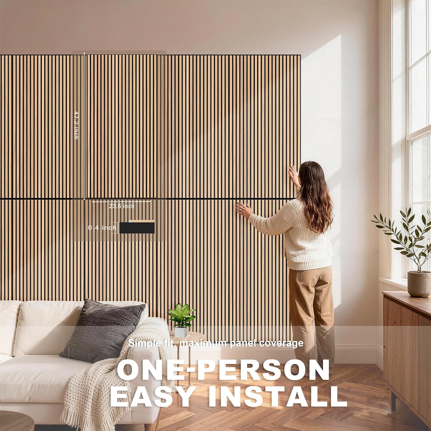 Detalle de WoveN SounD Acoustic Wall Panels, Natural Oak 10-Pack, Self-Adhesive Slat Design