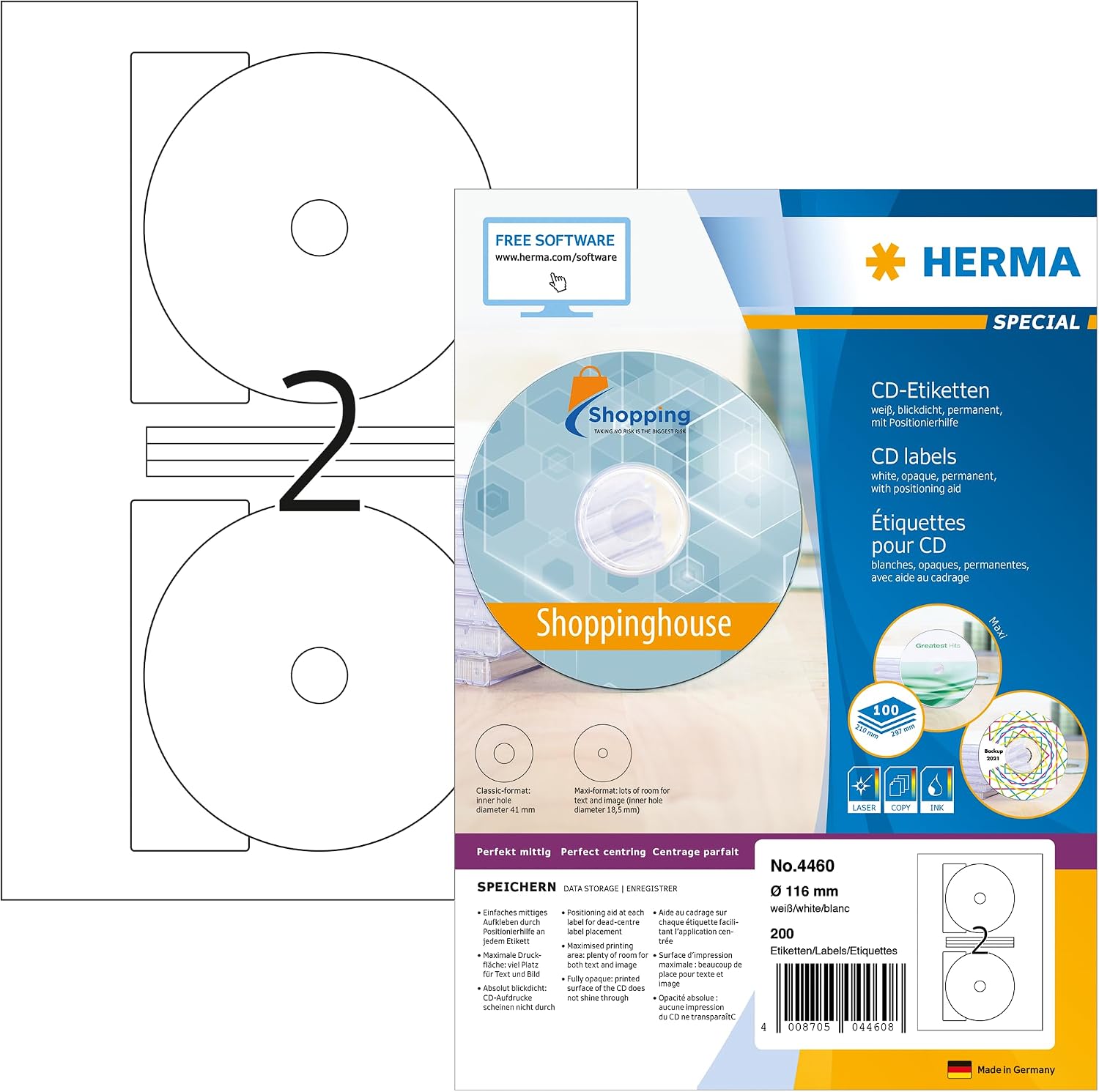 Detalle de HERMA 4460 CD- och DVD-etiketter för A4, Ø 116 mm, matta och ogenomskinliga
