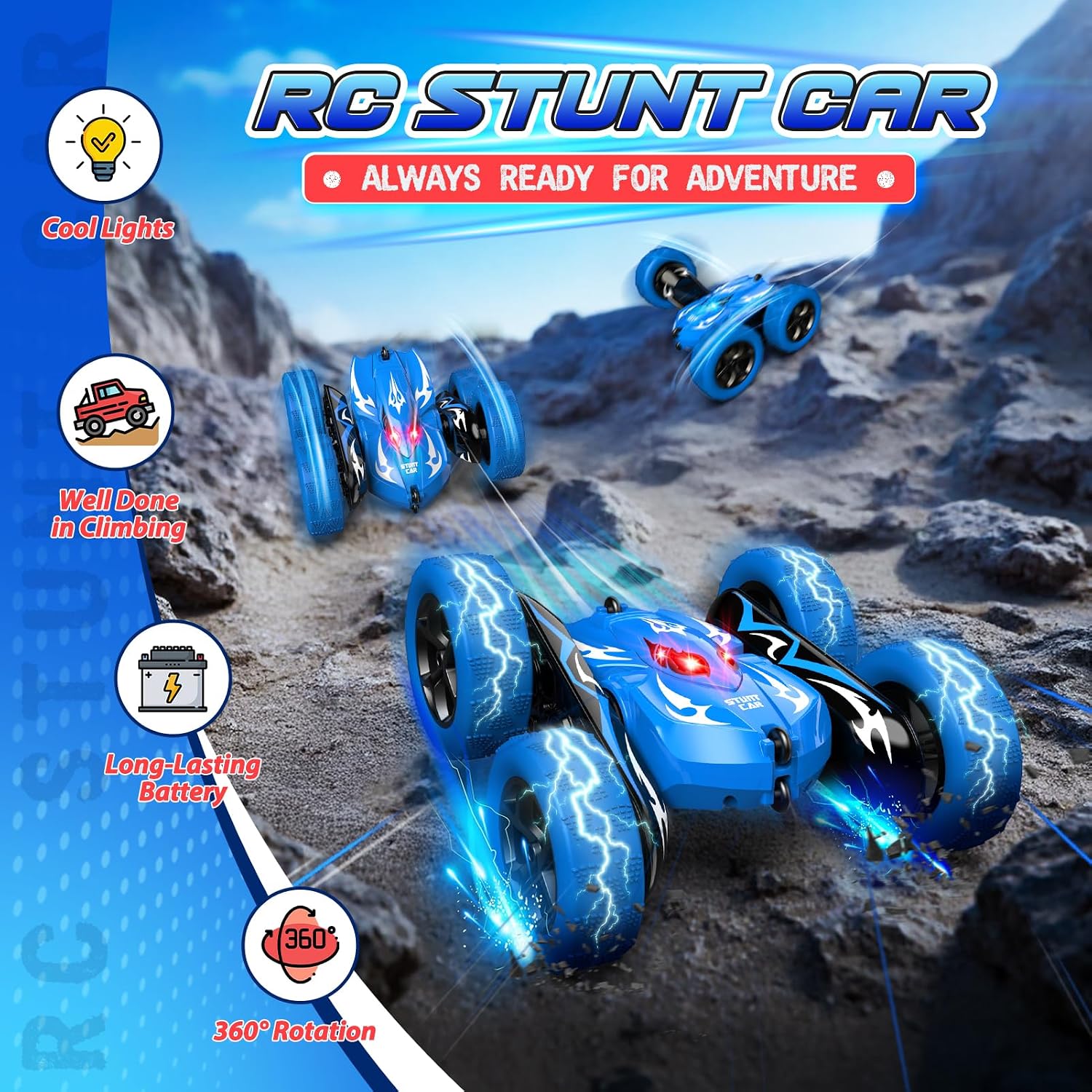 Detalle 2 de Dreamlandia Remote Control Cars – 2.4GHz LED stunt car with 360 flips for boys (age 3-9)