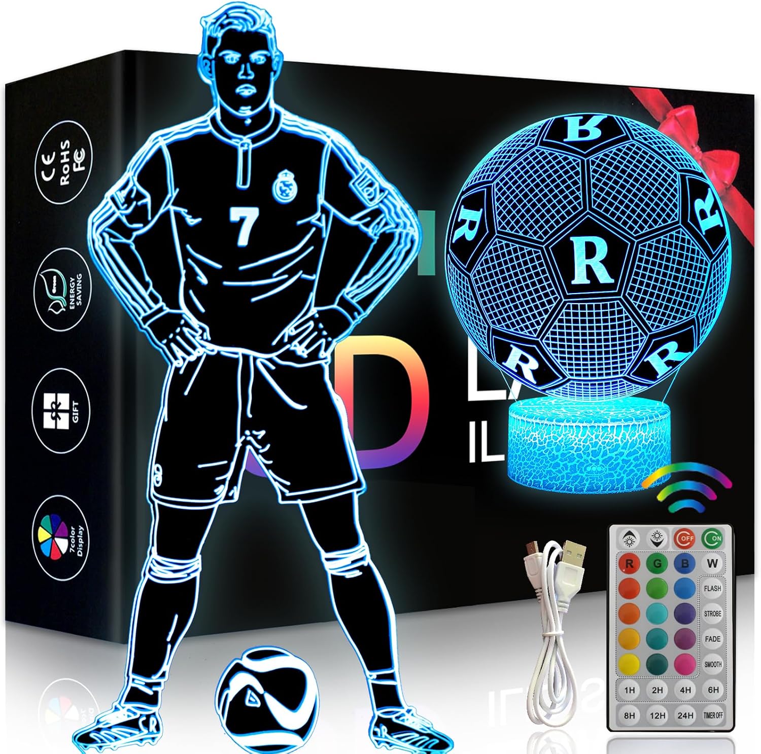 Detalle de Eygerur 2er-Set Ronaldo-Fußballer Nr. 7 Nachtlicht mit 3D-LED-Effekt, Fernbedienung & Touch