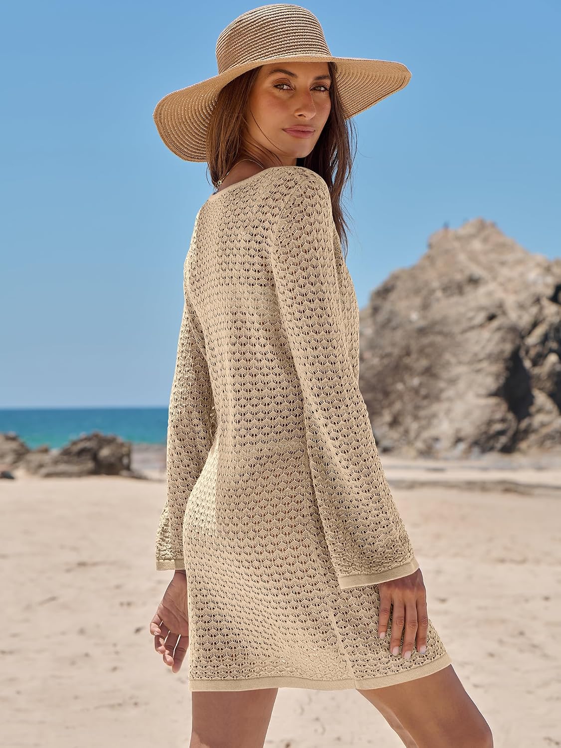 Detalle de ANRABESS Crochet Swimsuit Cover-Up Dress for Women (V-Neck Mesh Knit, Long Sleeves)