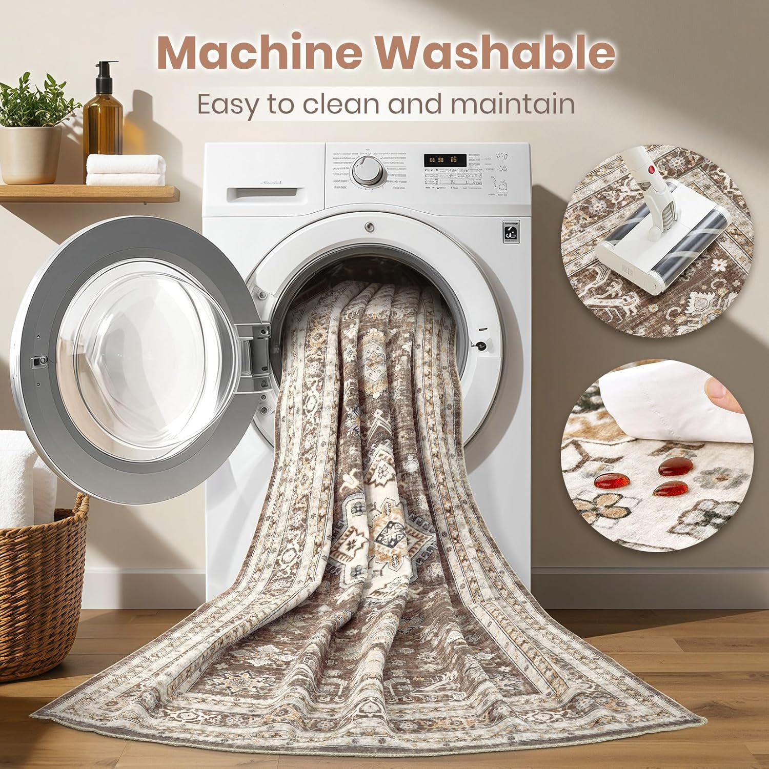 Thumbnail 2 de Vintage Living Room Area Rug 9x12 in Dark Brown (Traditional, Washable) for Bedroom, Office & More