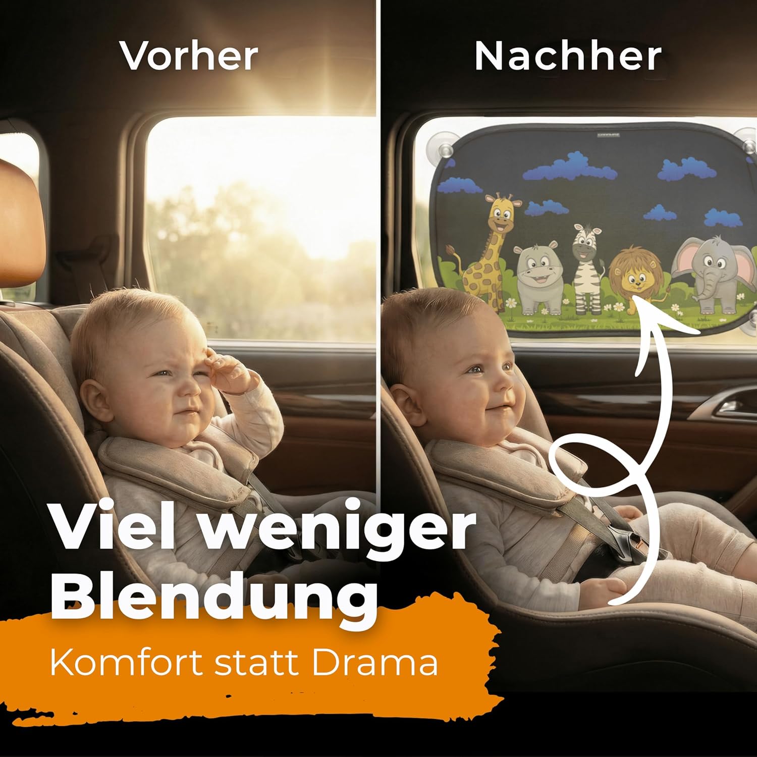 Thumbnail 2 de CARAMAZ Sonnenschutz Auto Baby mit zertifiziertem UV-Schutz – universell passend, 48 x 30 cm, 2 Sonnenblenden mit Saugnäpfen (Motiv: Blau-Tiere)