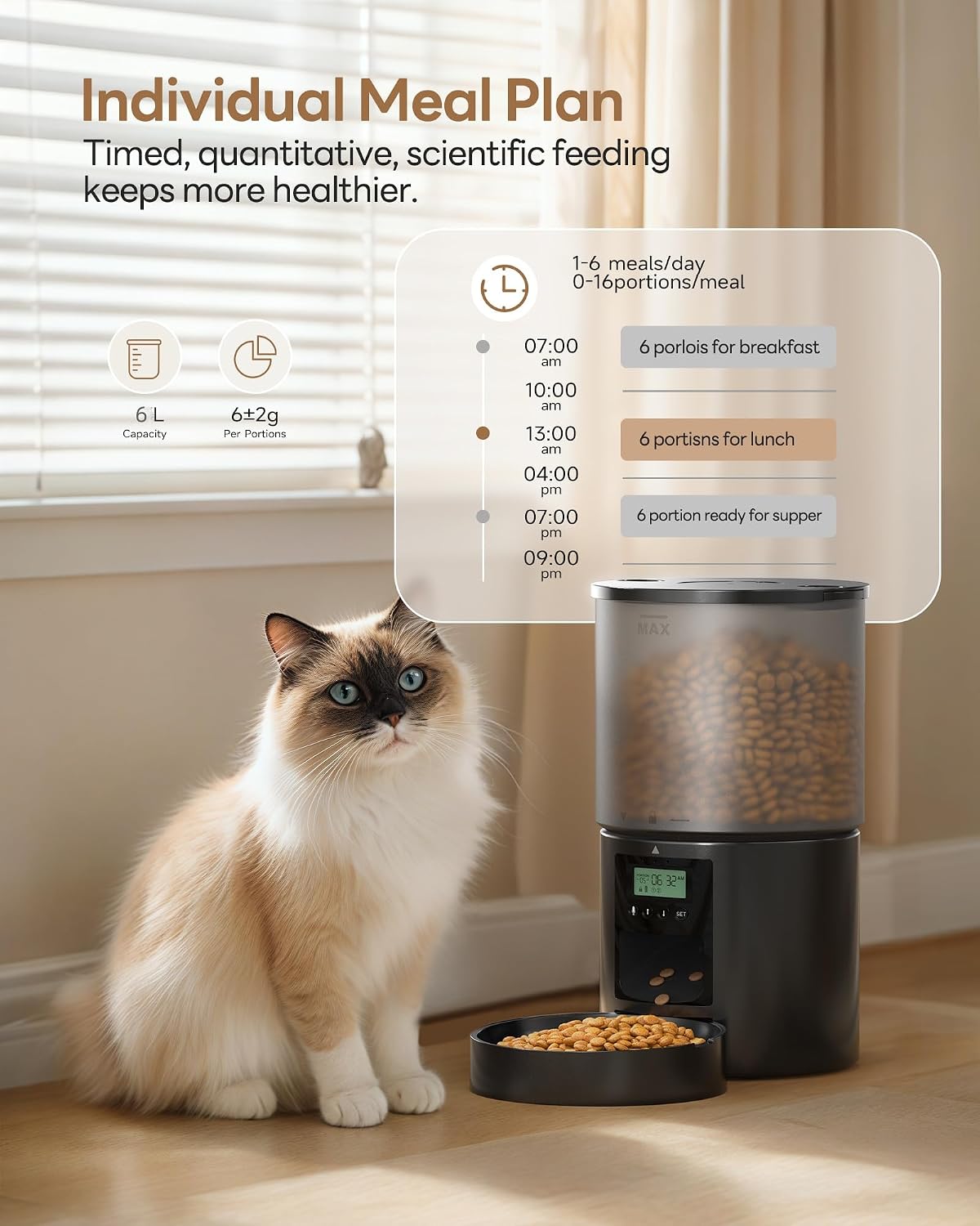 Detalle de POOEKEN Automatic Cat Feeder 6L timer