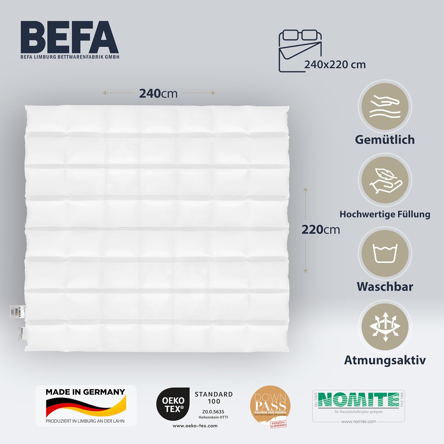 Detalle de BEFA NATUR 6501 zomerdekbed 240 x 220 cm, 90% dons en Downpass